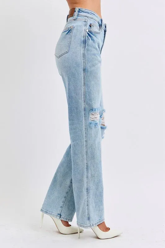 Judy Blue High Waist Magic Destroy 90's Straight Jeans Poise Fit NonSlipGrip