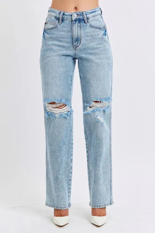 Judy Blue High Waist Magic Destroy 90's Straight Jeans Tough Core FlexibleCollarDesign