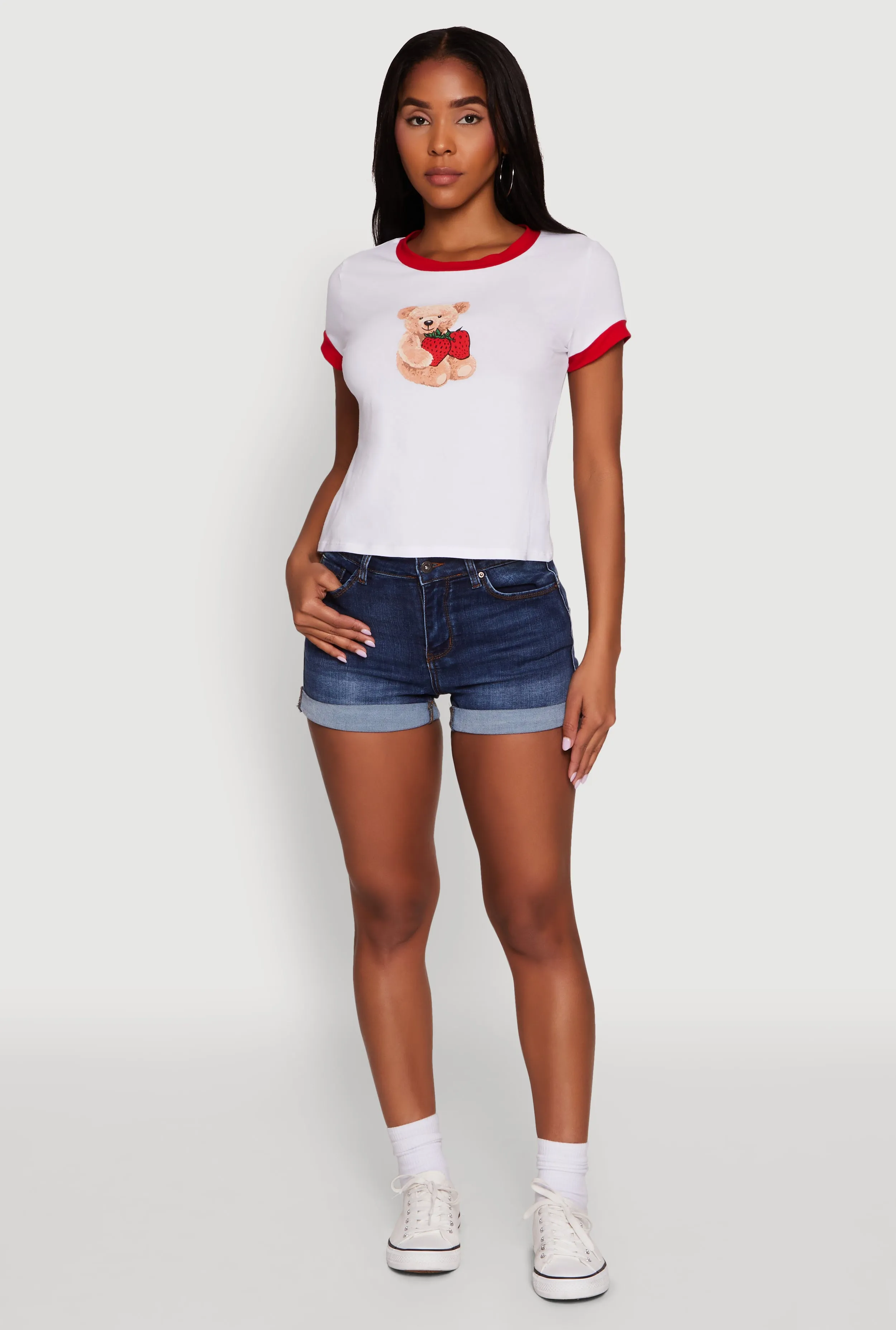 Everyday Wear Casual Layer Look Trendy Graphic Strawberry Teddy Ringer T-Shirt
