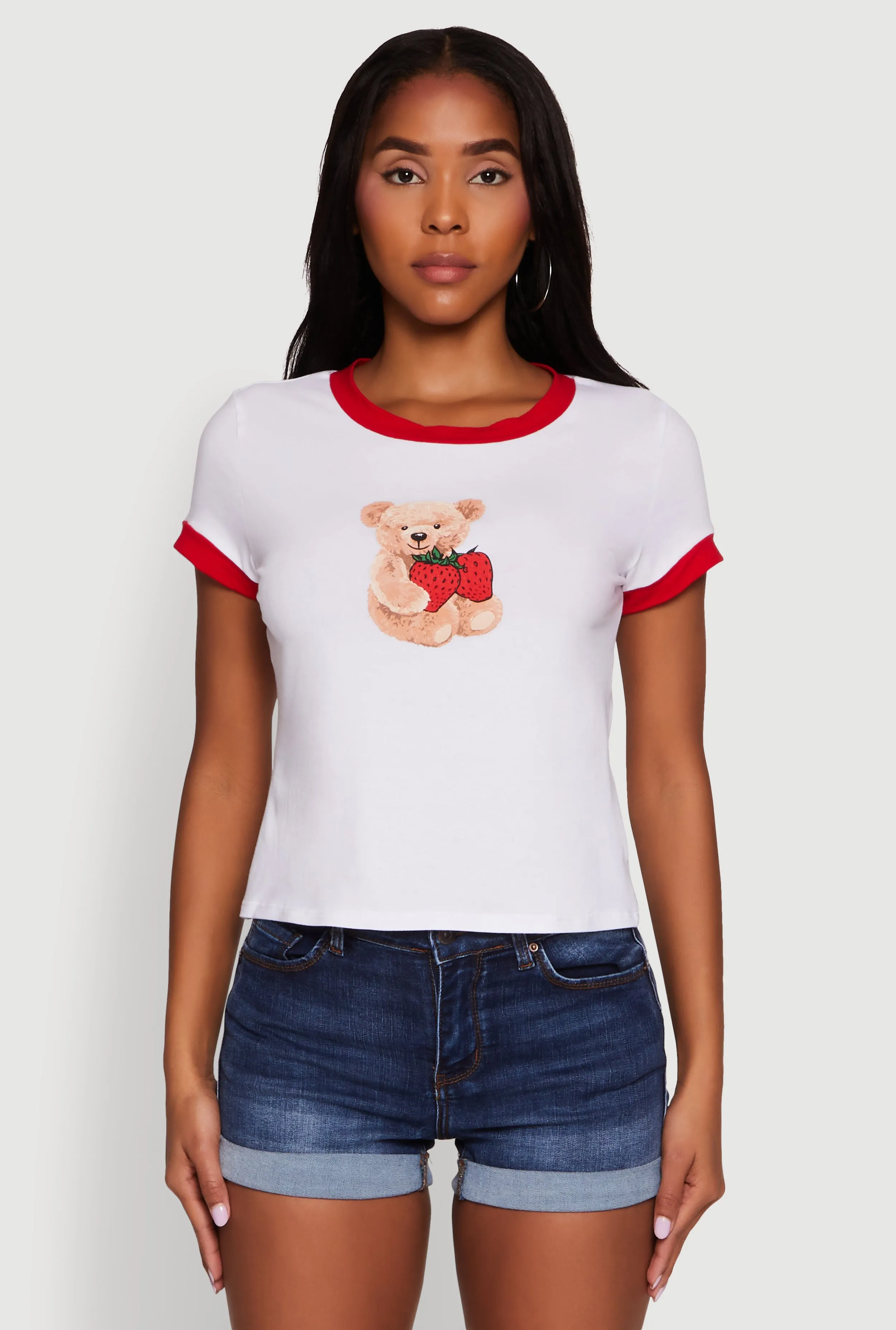 Vintage Look Trendy Graphic Strawberry Teddy Ringer T-Shirt