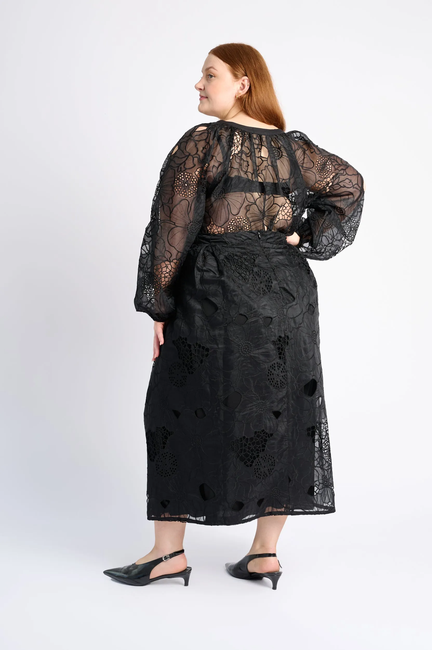Curvy Fit A Line Skirt in Embroidered Organza