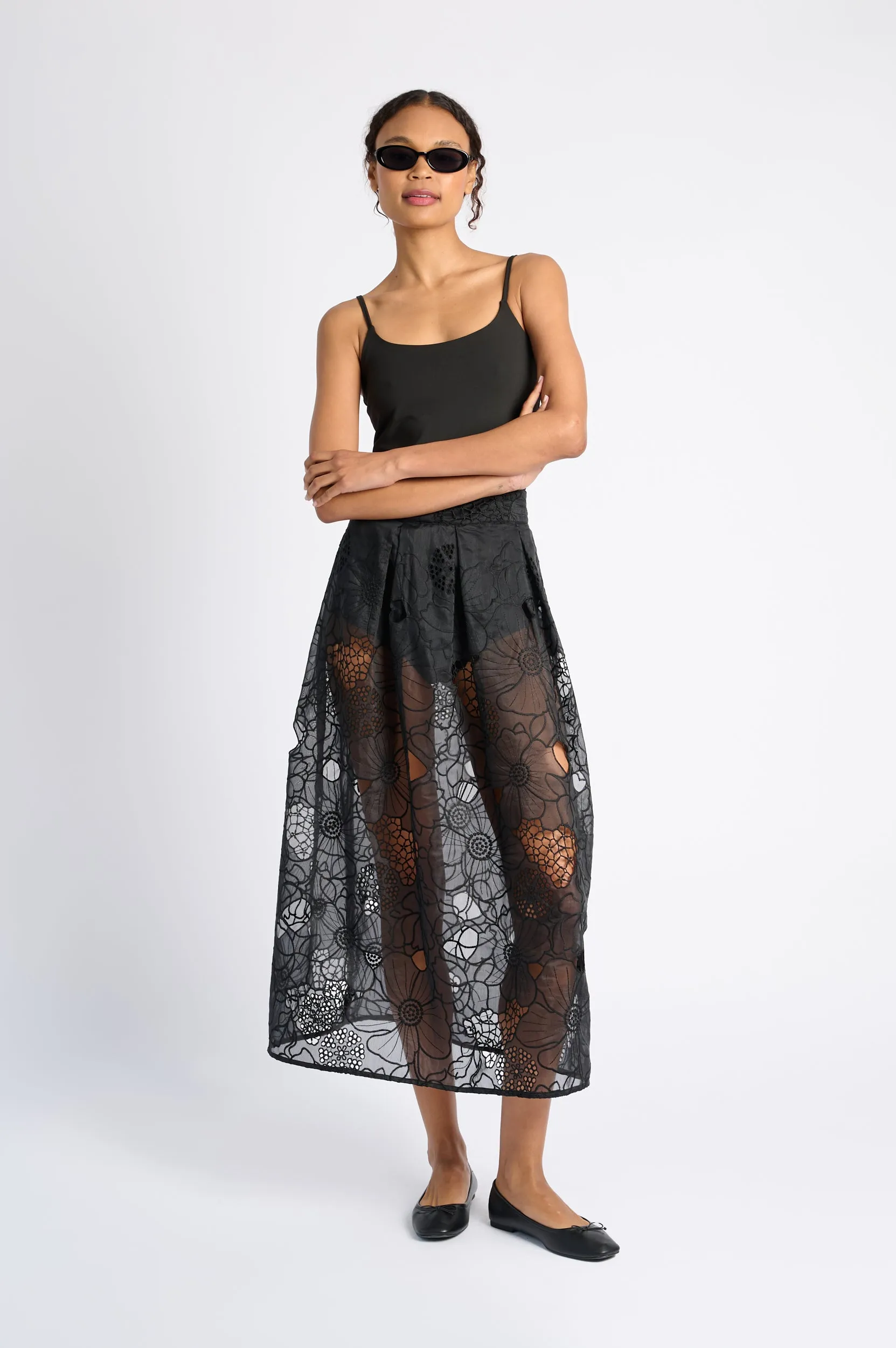Erasable Crease A Line Skirt in Embroidered Organza