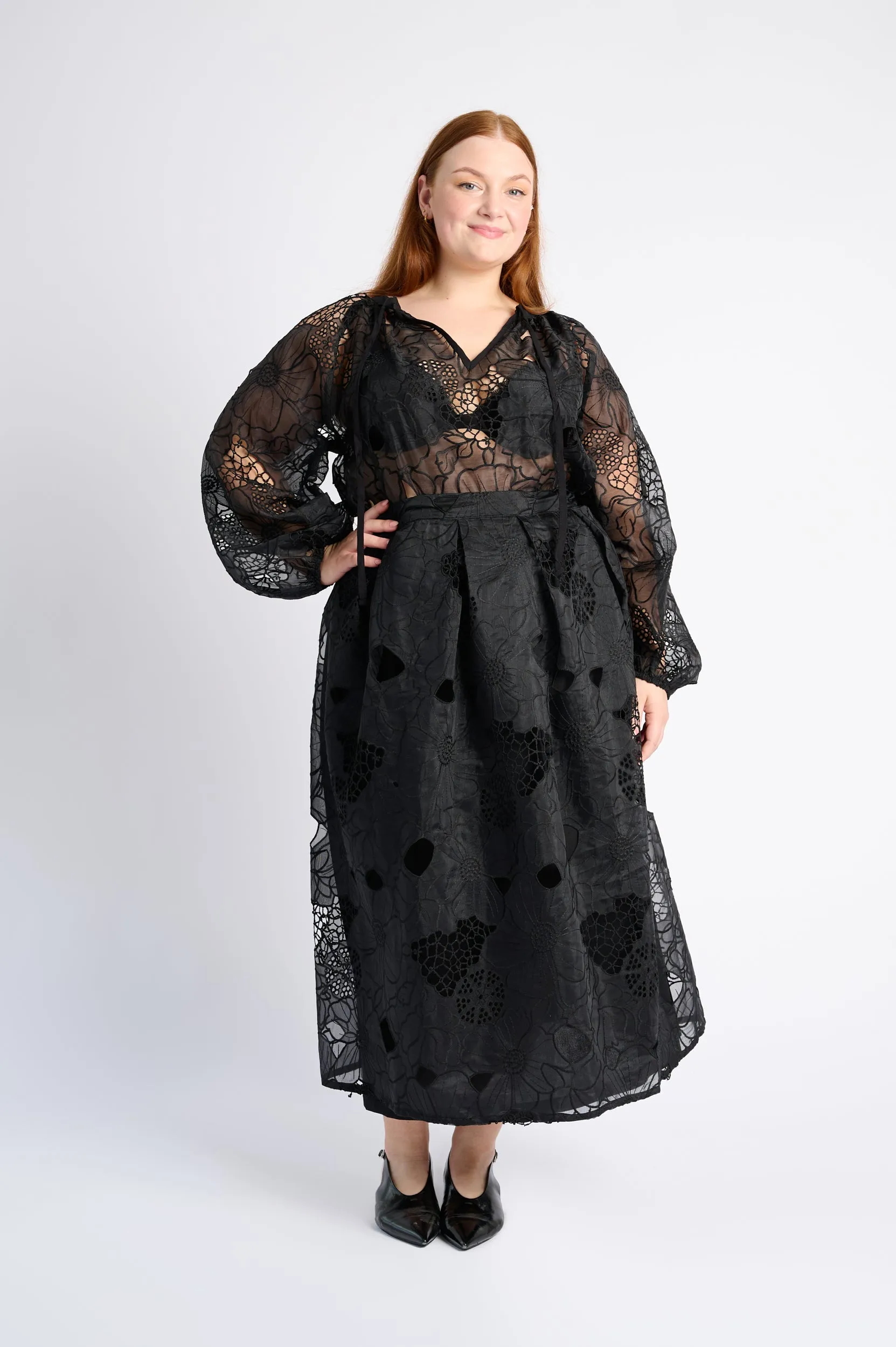 Low Impact Dye Relaxed Feel A Line Skirt in Embroidered Organza