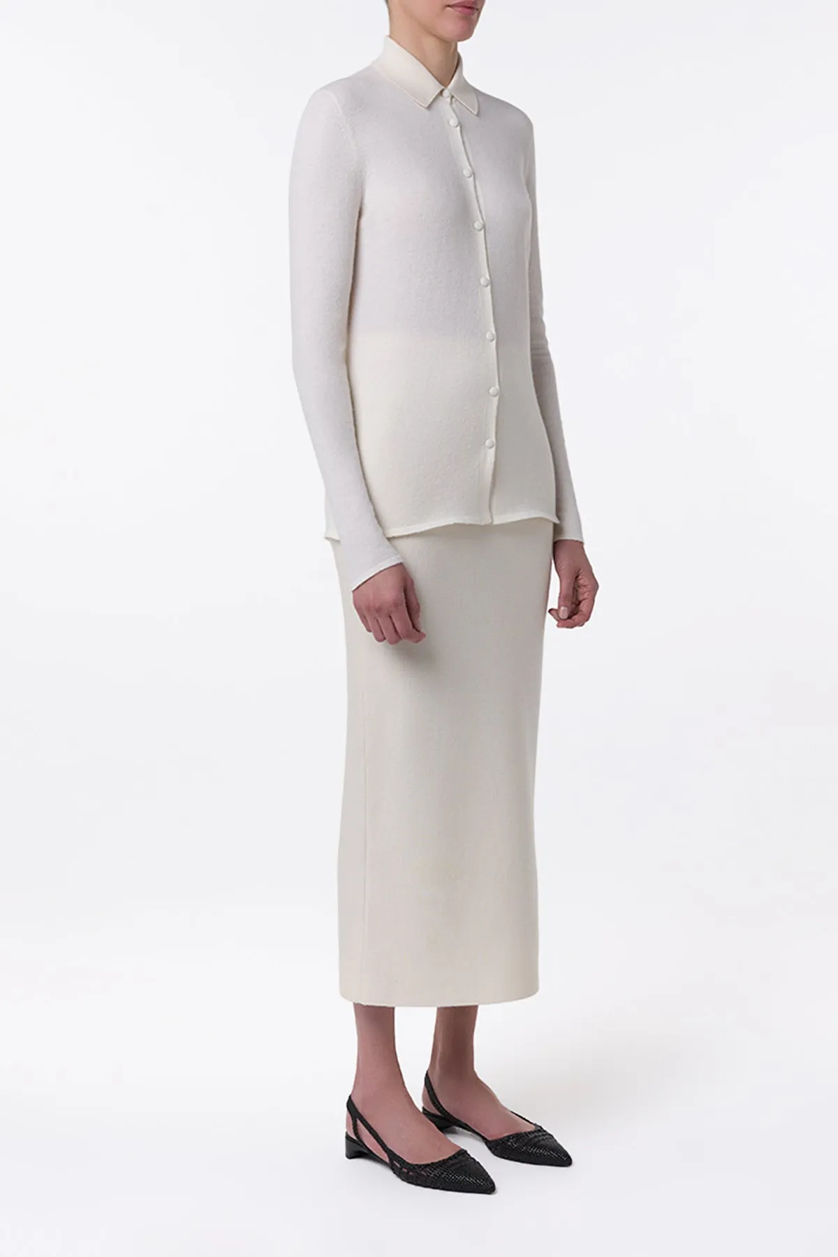 Circe Knit Maxi Skirt in Ivory Merino Wool Cashmere Lightweight Construction