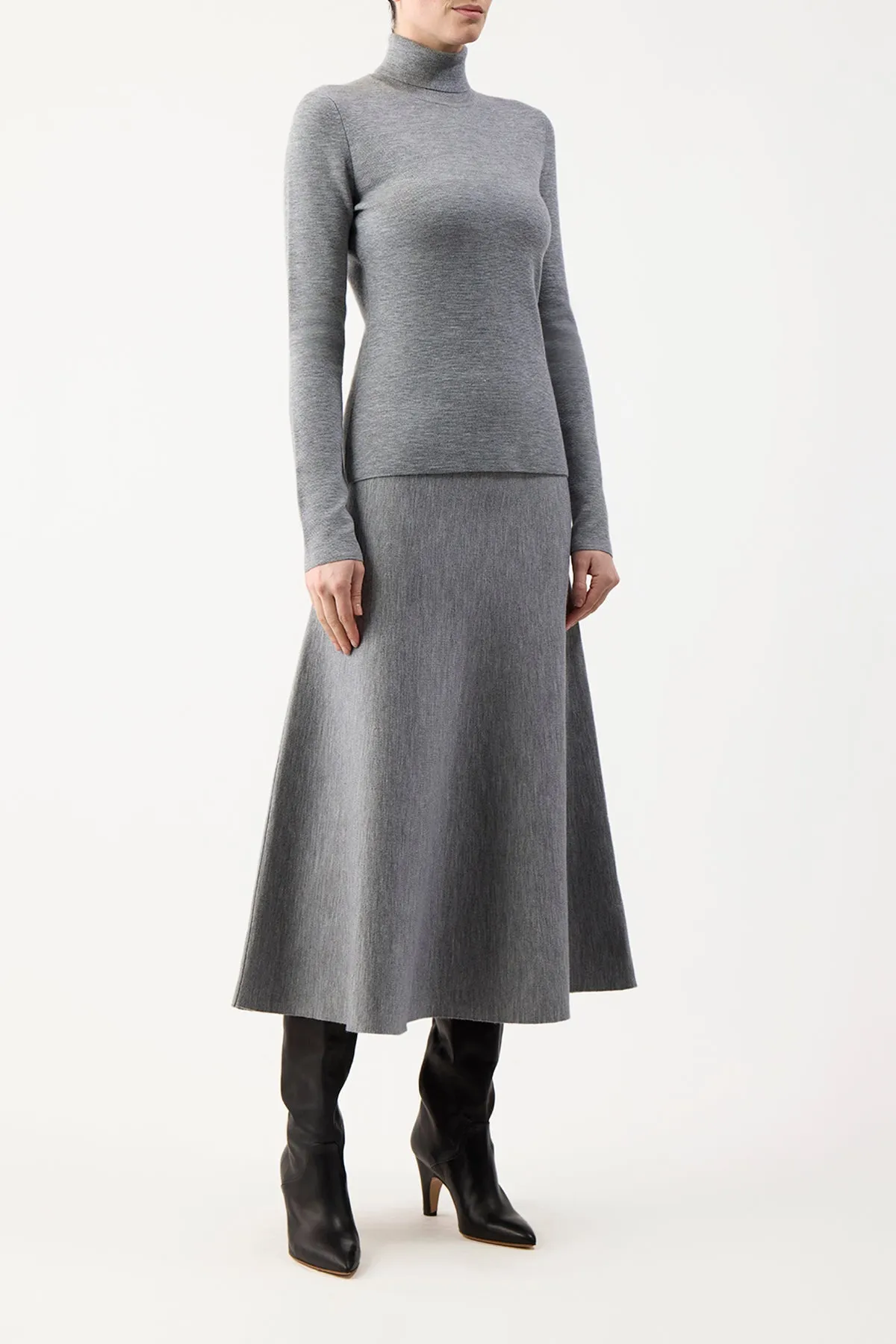 Smooth Cut Elasticized Hem Freddie Knit Midi Skirt in Heather Grey Merino Wool Cashmere