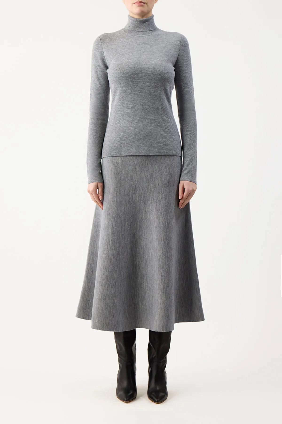 Freddie Knit Midi Skirt in Heather Grey Merino Wool Cashmere Smart Fit Runway Ready