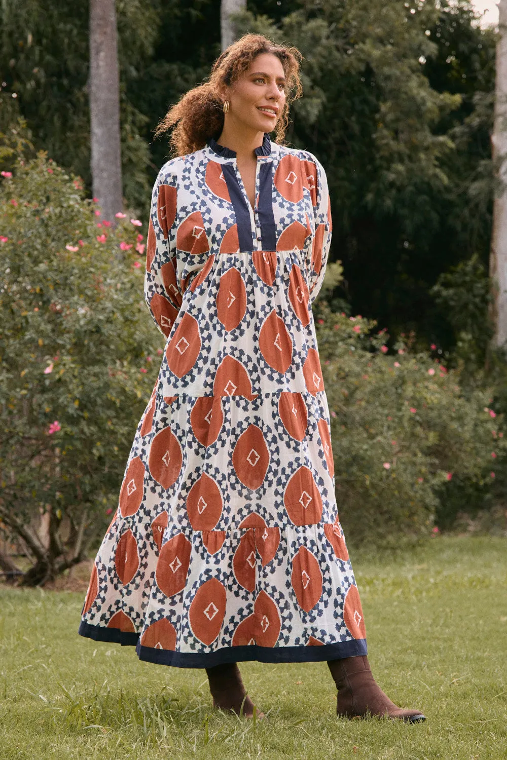 The dress??s versatile design allows you to wear it for work, weekend outings, or evening events Island Edge Mirabelle Frill Dress in Chestnut
