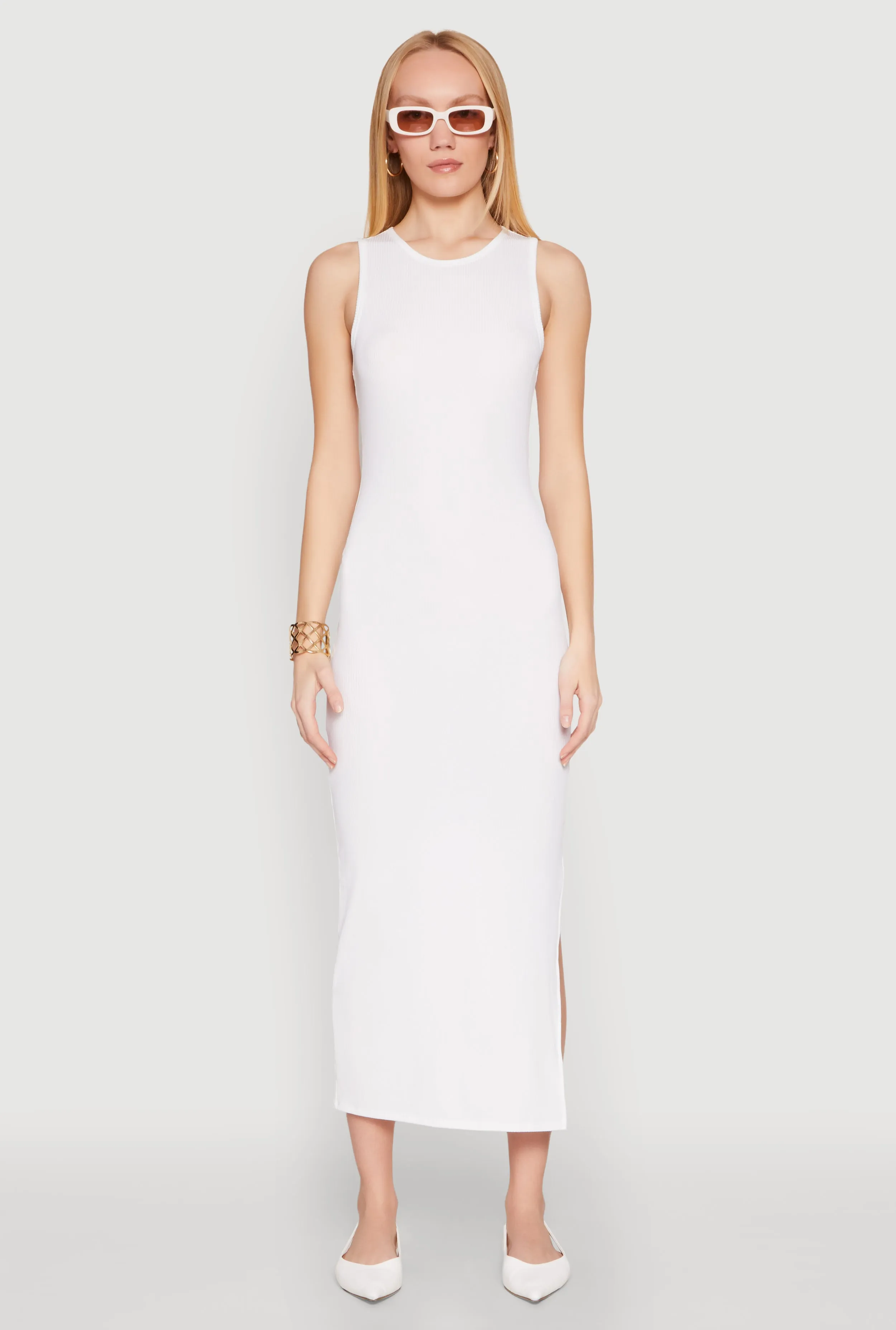 The simple yet stylish design of this maxi dress makes it an ideal choice for any occasion Ribbed Knit Side Slit Tank Maxi Dress