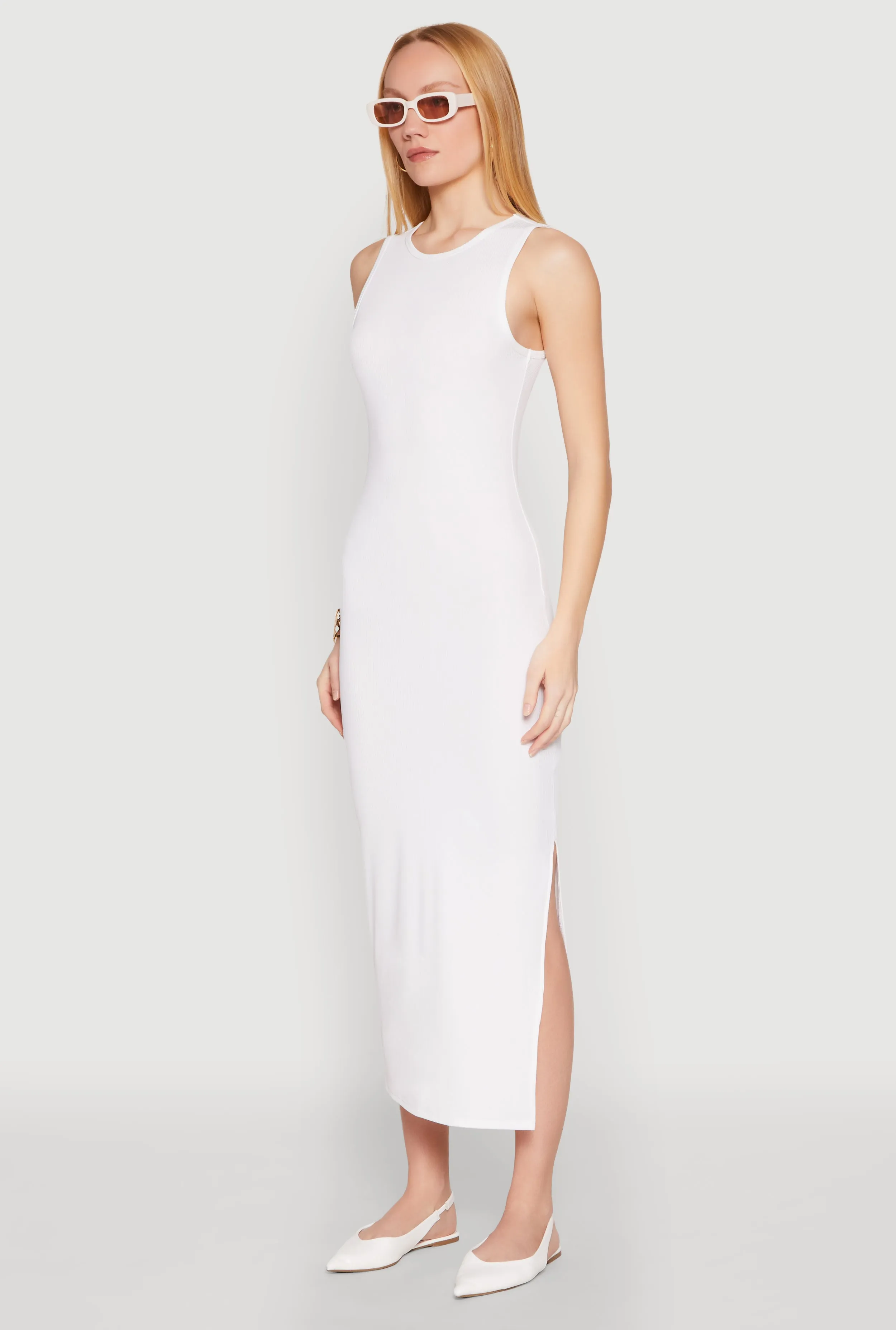 Ribbed Knit Side Slit Tank Maxi Dress Denim Soft Fold Glow
