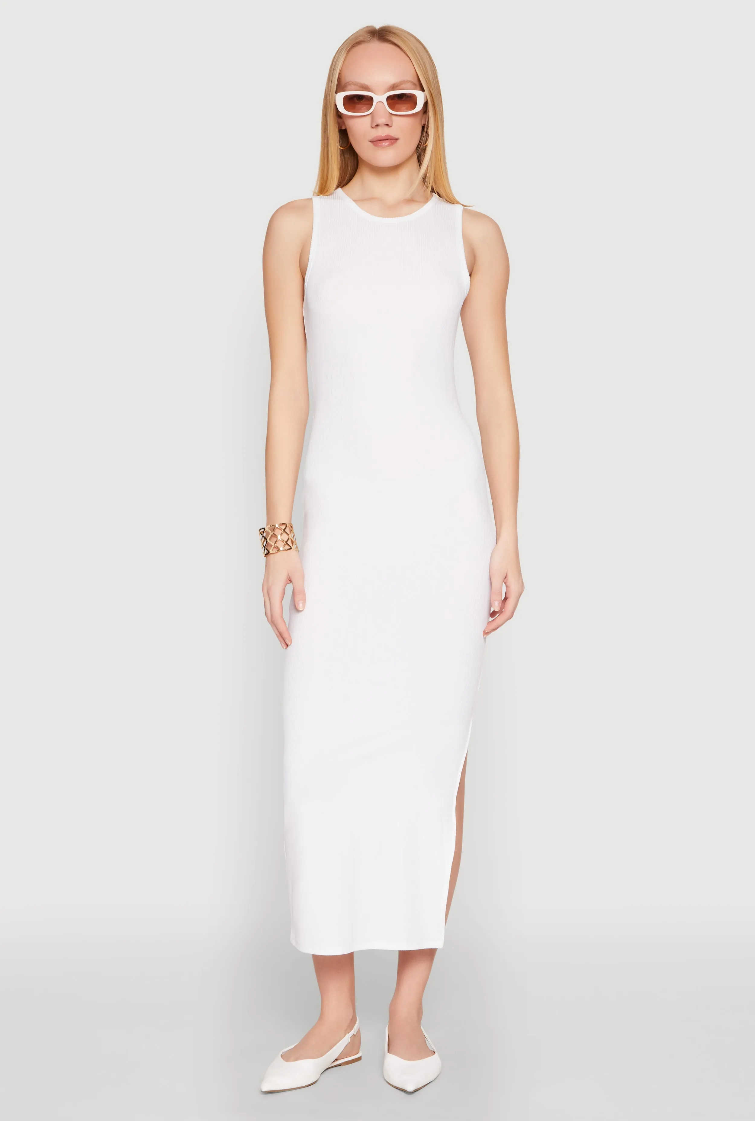 Ribbed Knit Side Slit Tank Maxi Dress bohemian flair