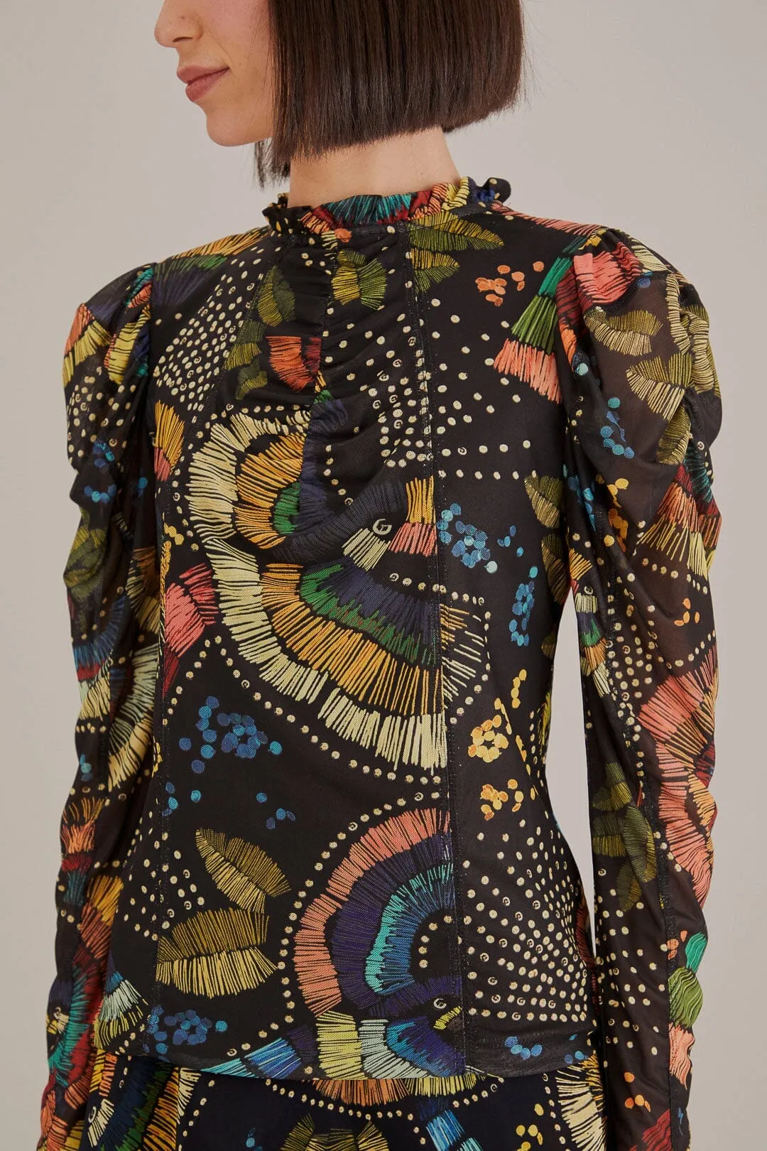 Black Colorful Birds Tulle Blouse Space Glow Elegant Attire