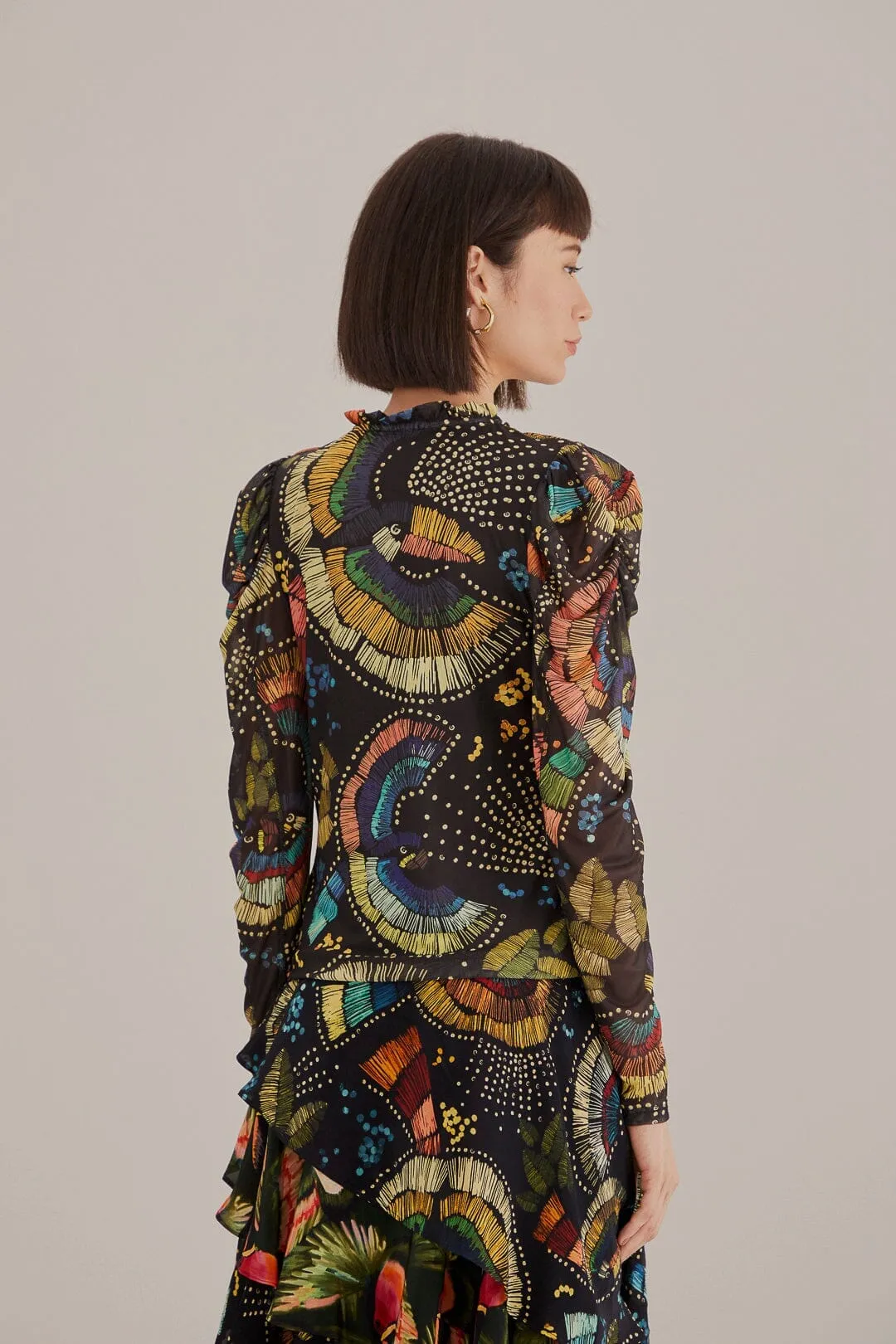Black Colorful Birds Tulle Blouse Wave Sound Office To Out