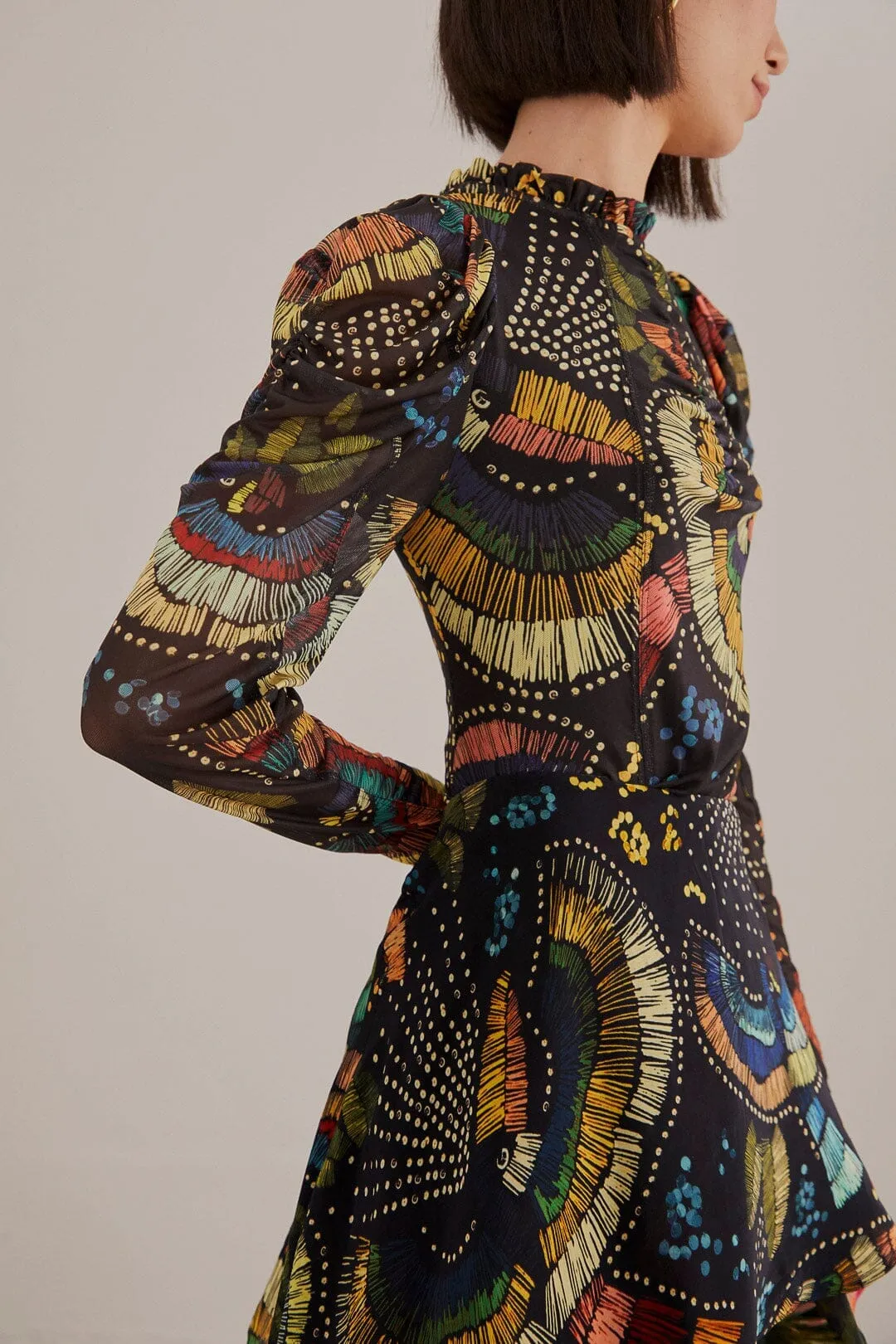 elegant design Black Colorful Birds Tulle Blouse