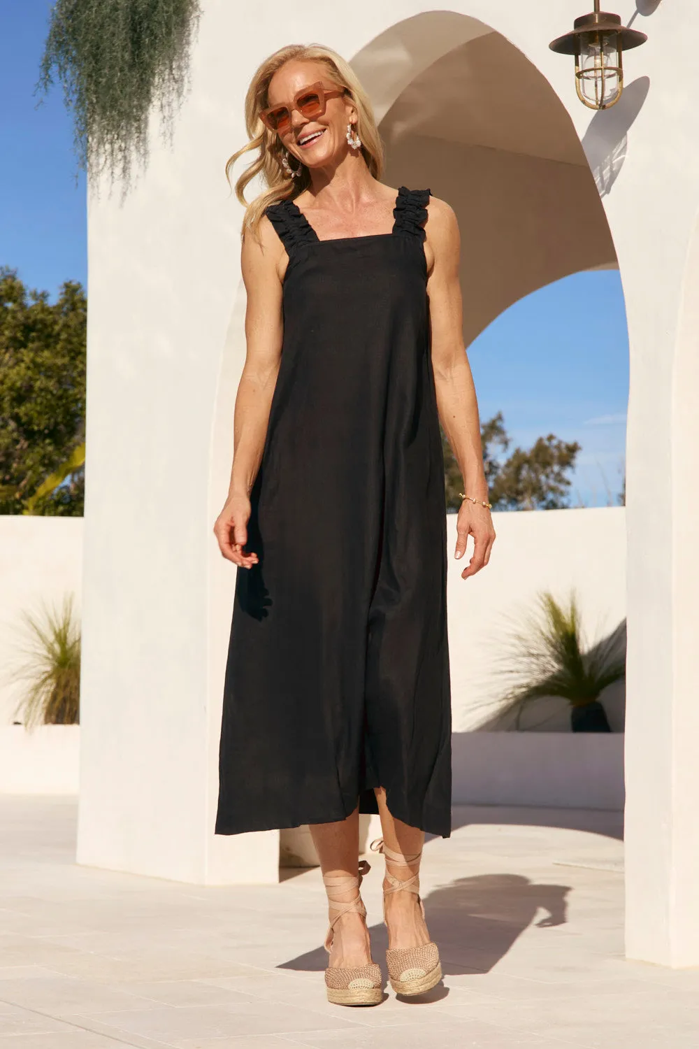 Onyx Shine Stone Lane Claire Maxi Linen Dress in Black