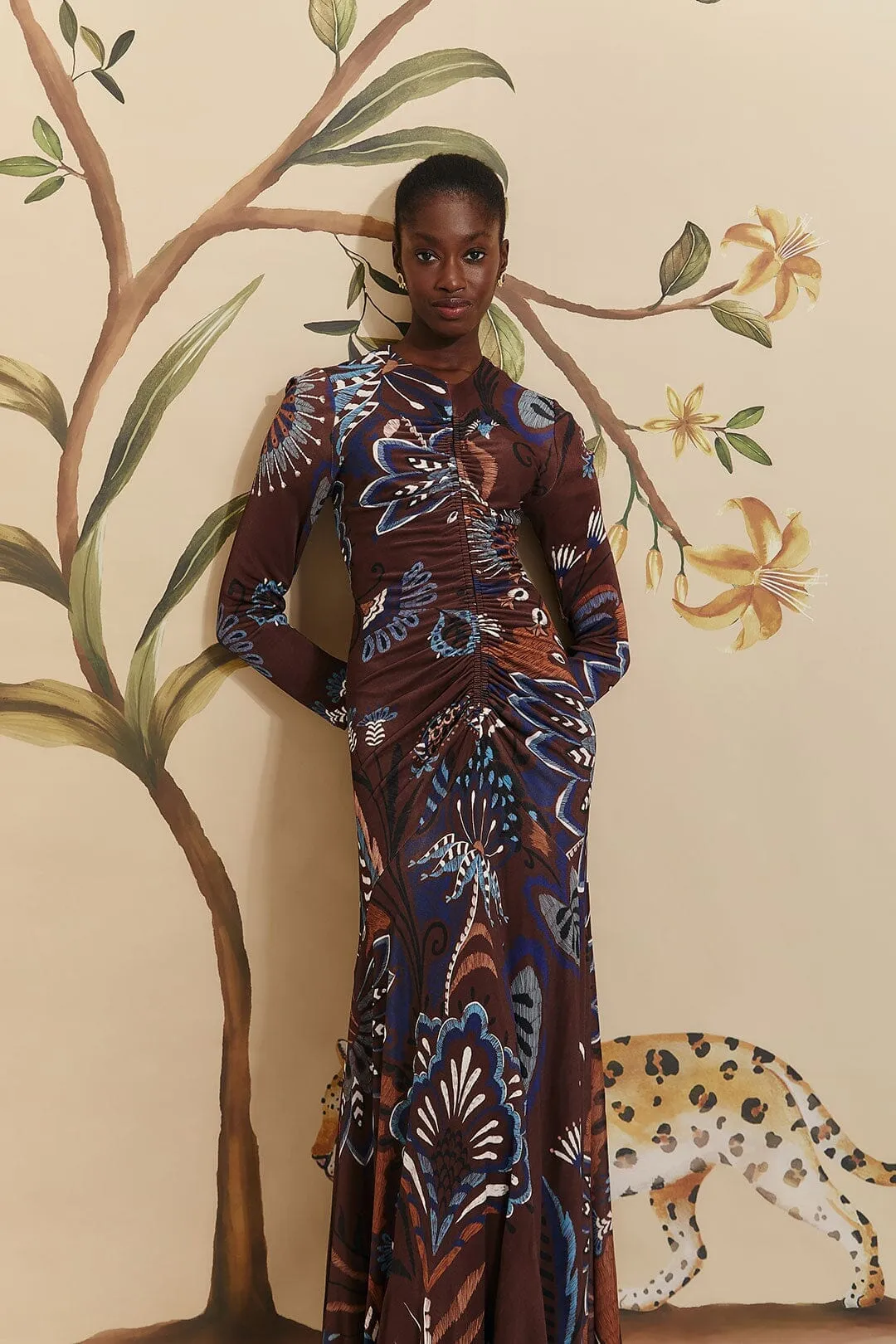 Perfect for warmer months this dress provides a light and breezy fit without sacrificing style Brown Delicate Garden Long Sleeve Maxi Dress