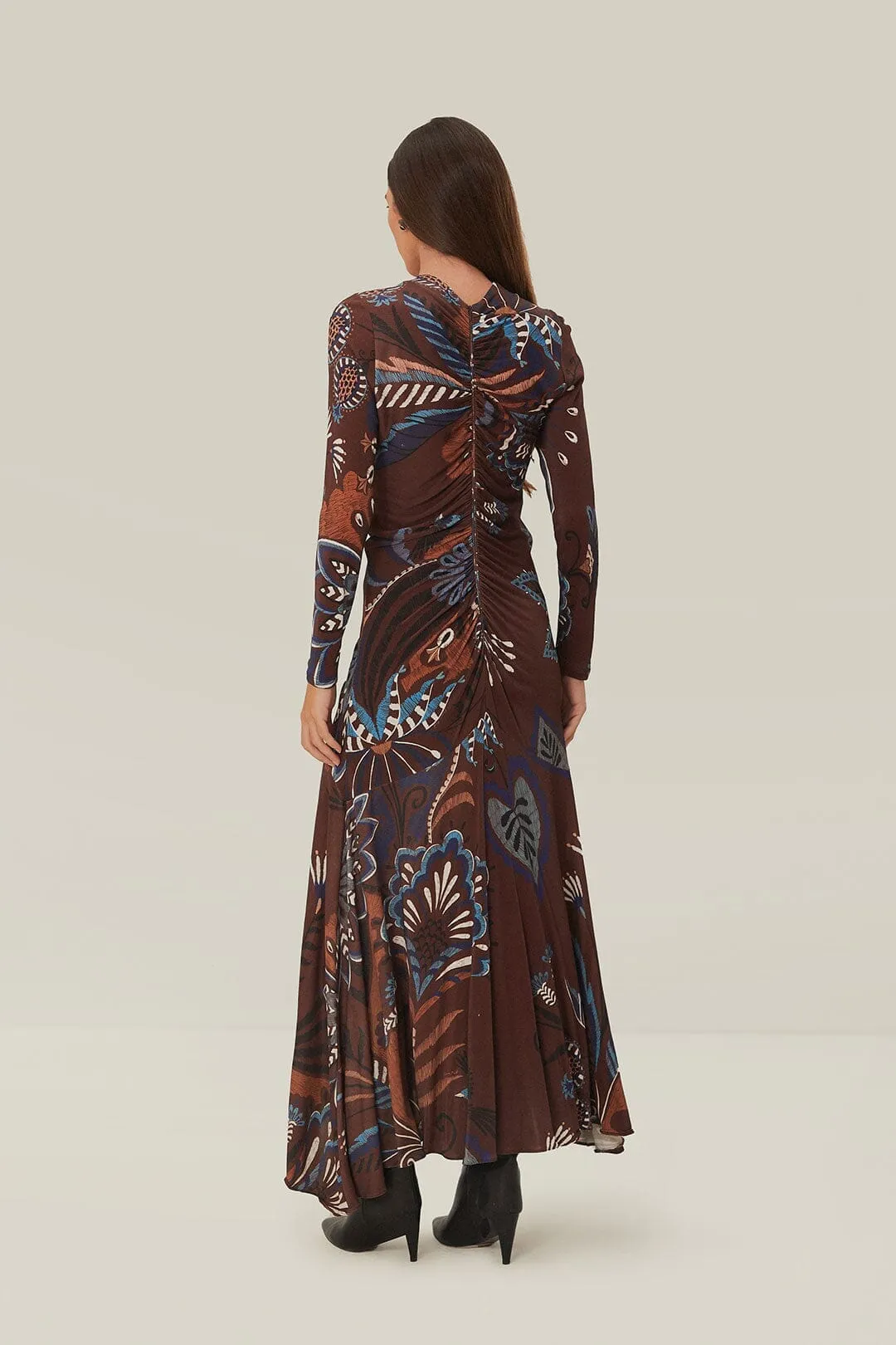 Early Light Brown Delicate Garden Long Sleeve Maxi Dress