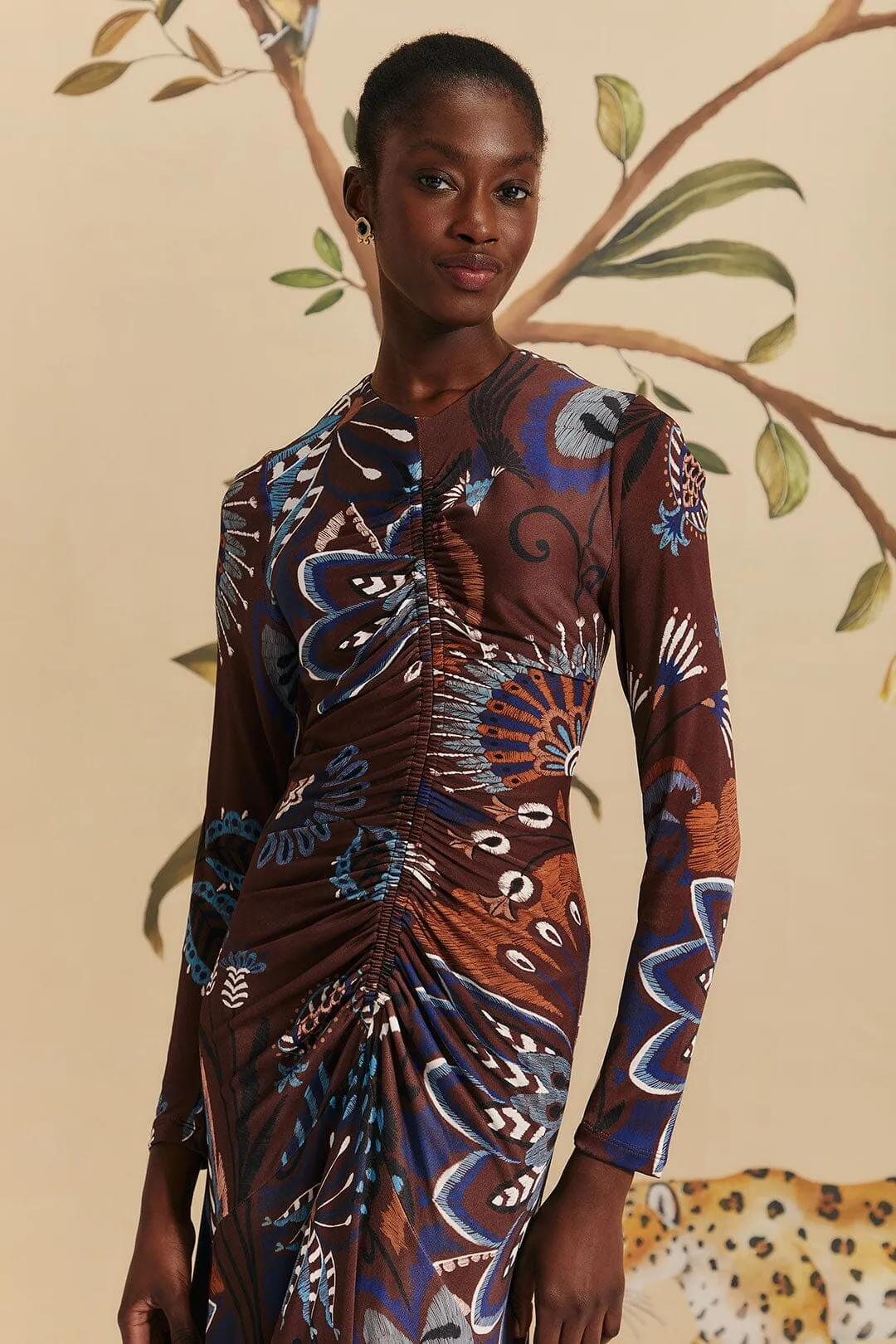 Brown Delicate Garden Long Sleeve Maxi Dress Sea View