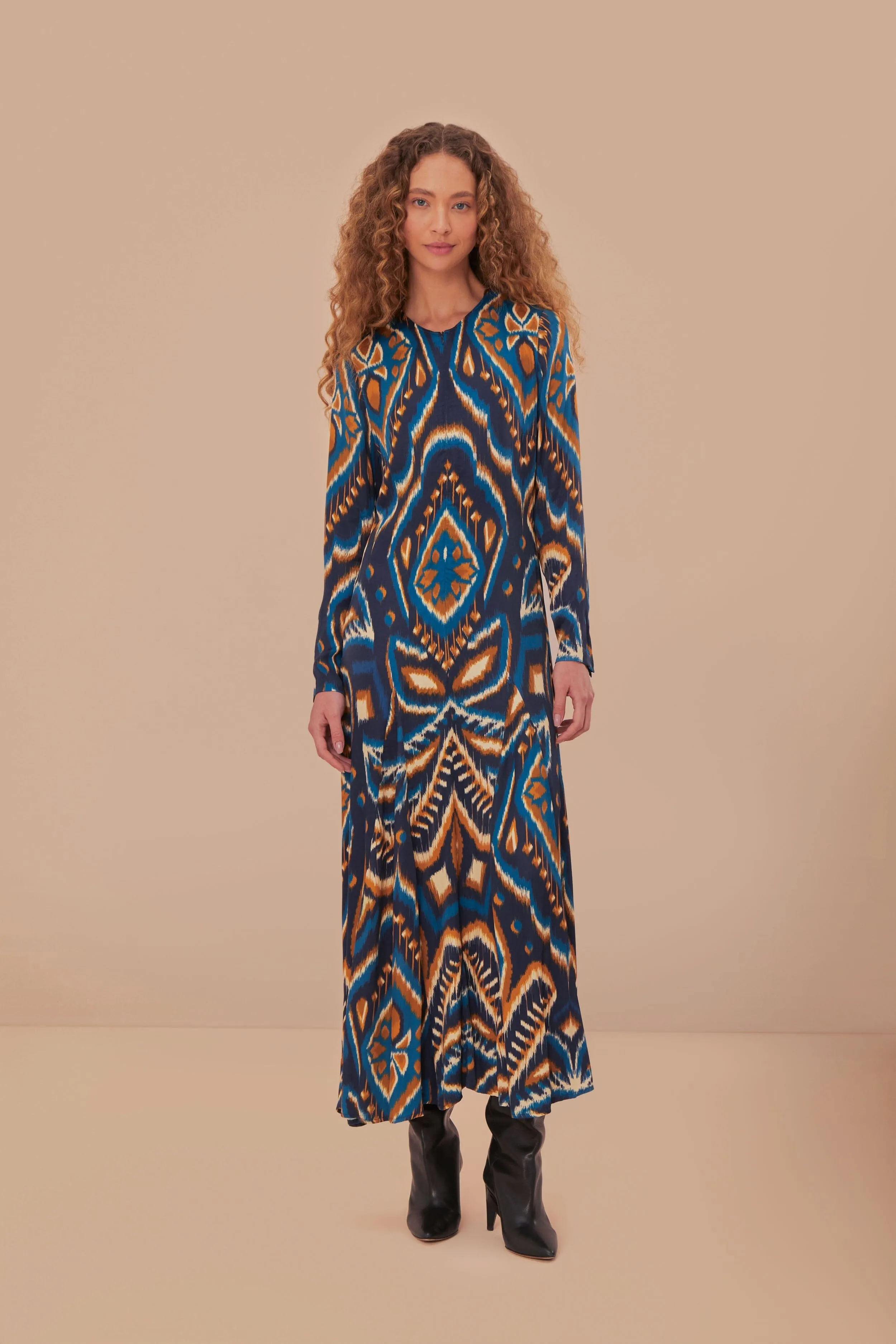 Blue Pineapple Ikat LENZING? ECOVERO? Viscose Maxi Dress Relaxed and stylish dress