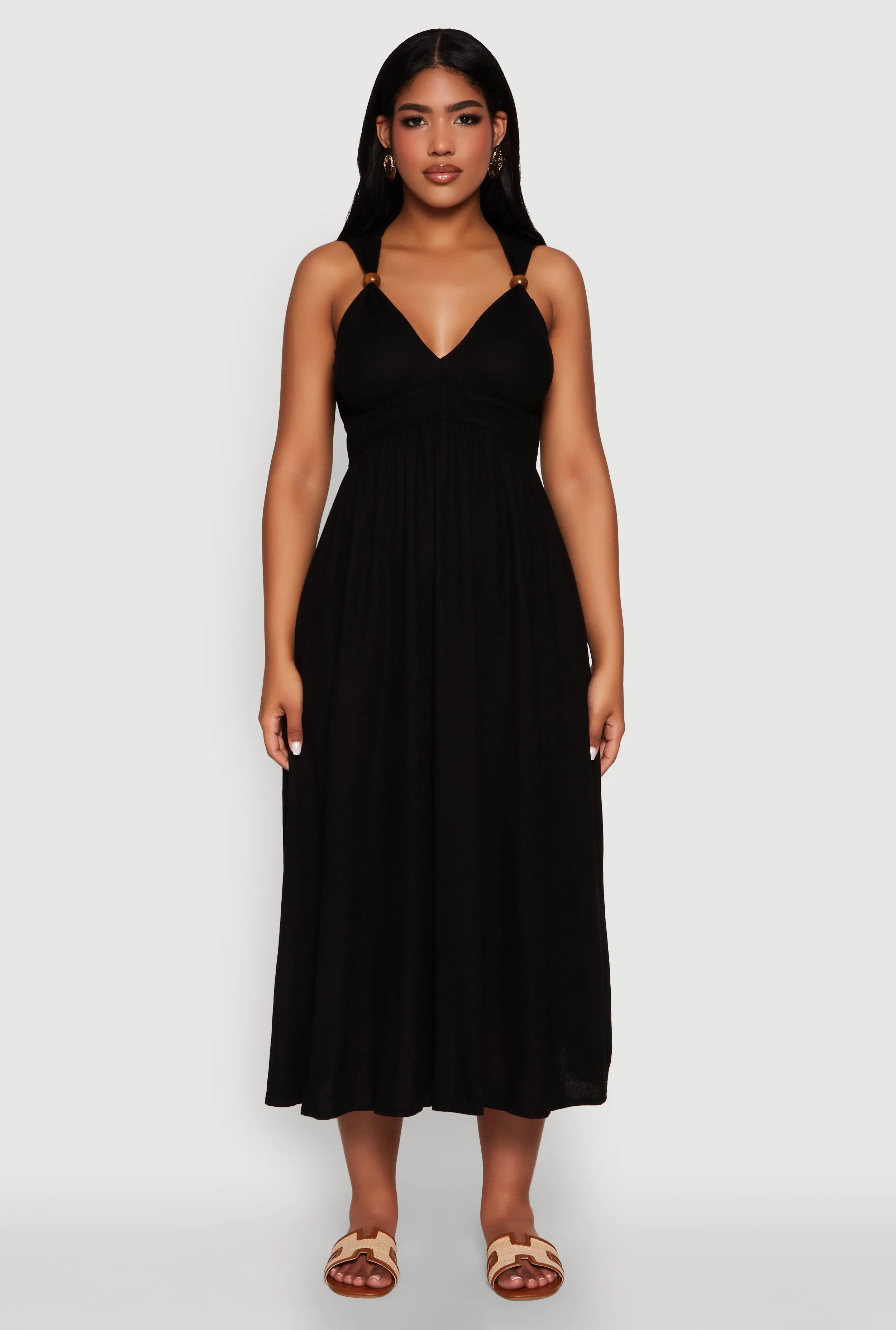 Haute Monde Linen Wood Beaded Strap Sundress Frill Edge