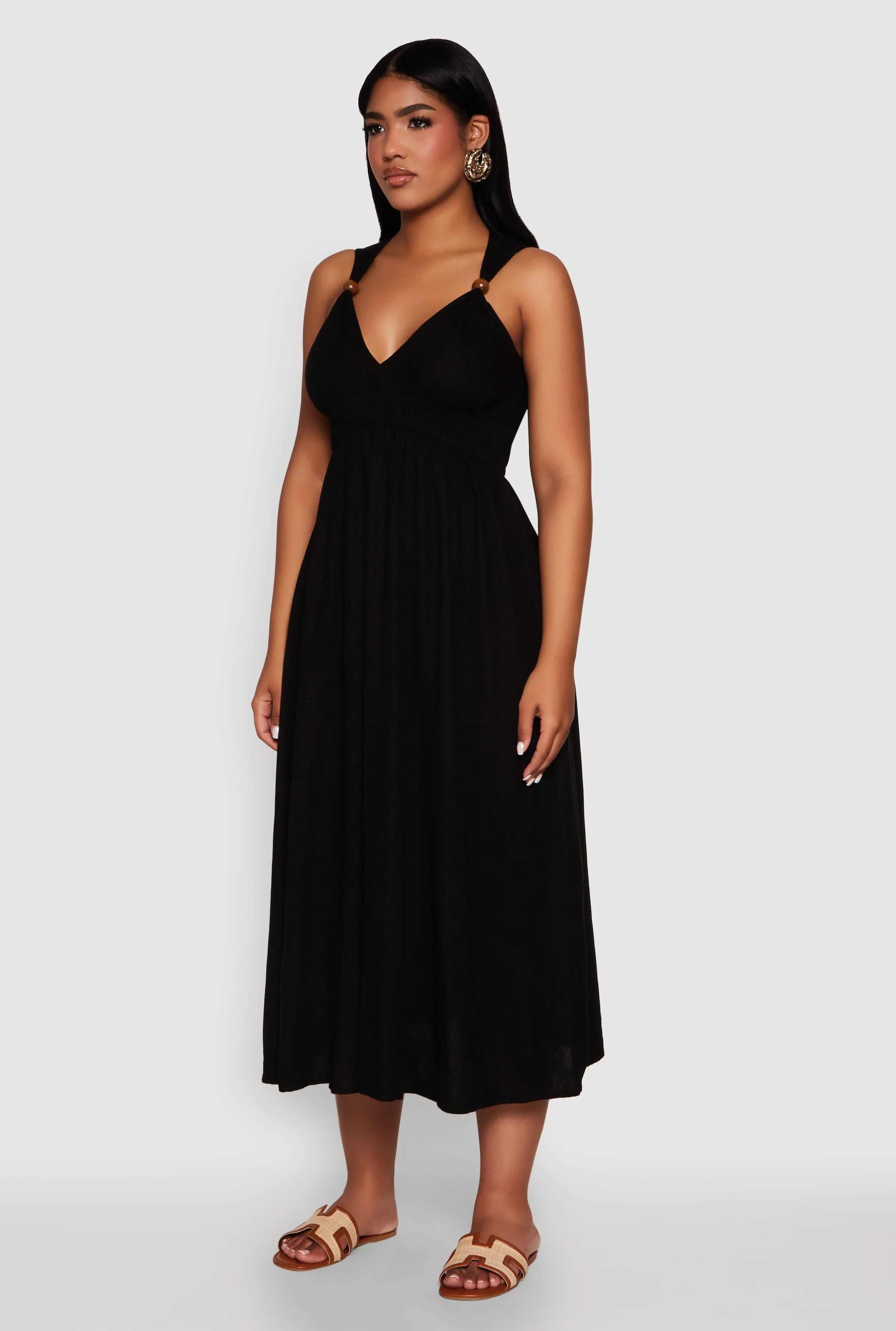 Stitch Glow Wool Soft Haute Monde Linen Wood Beaded Strap Sundress