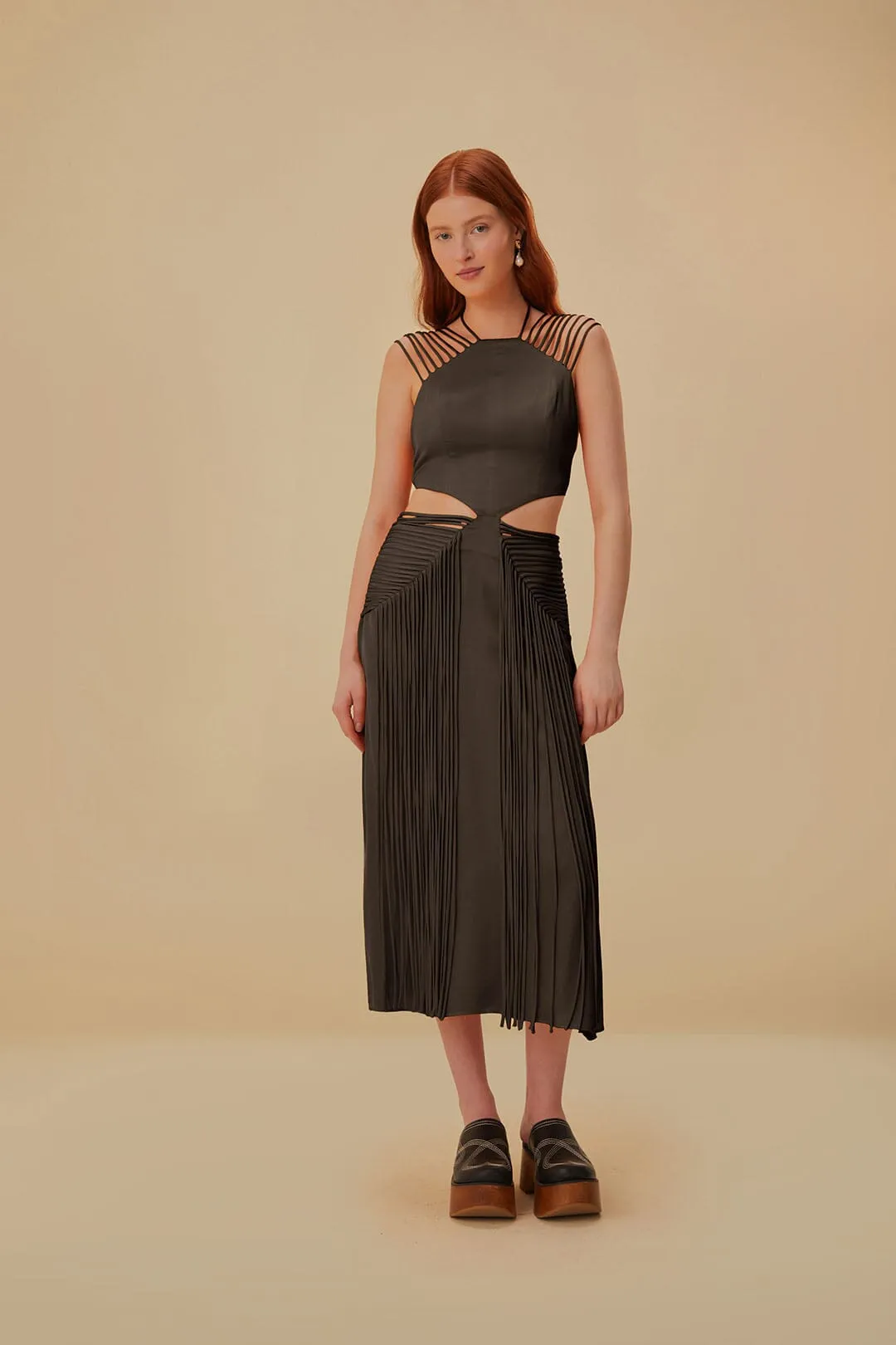 Brown Fringed Sleeveless Midi Dress Grace Mood Relaxed Style