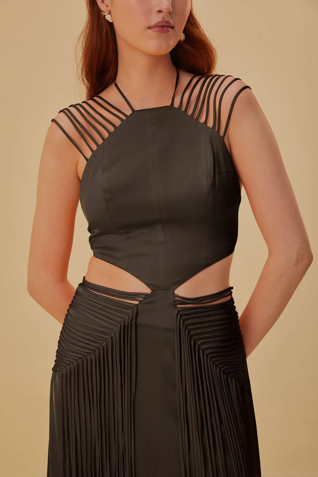 Versatile event piece Brown Fringed Sleeveless Midi Dress