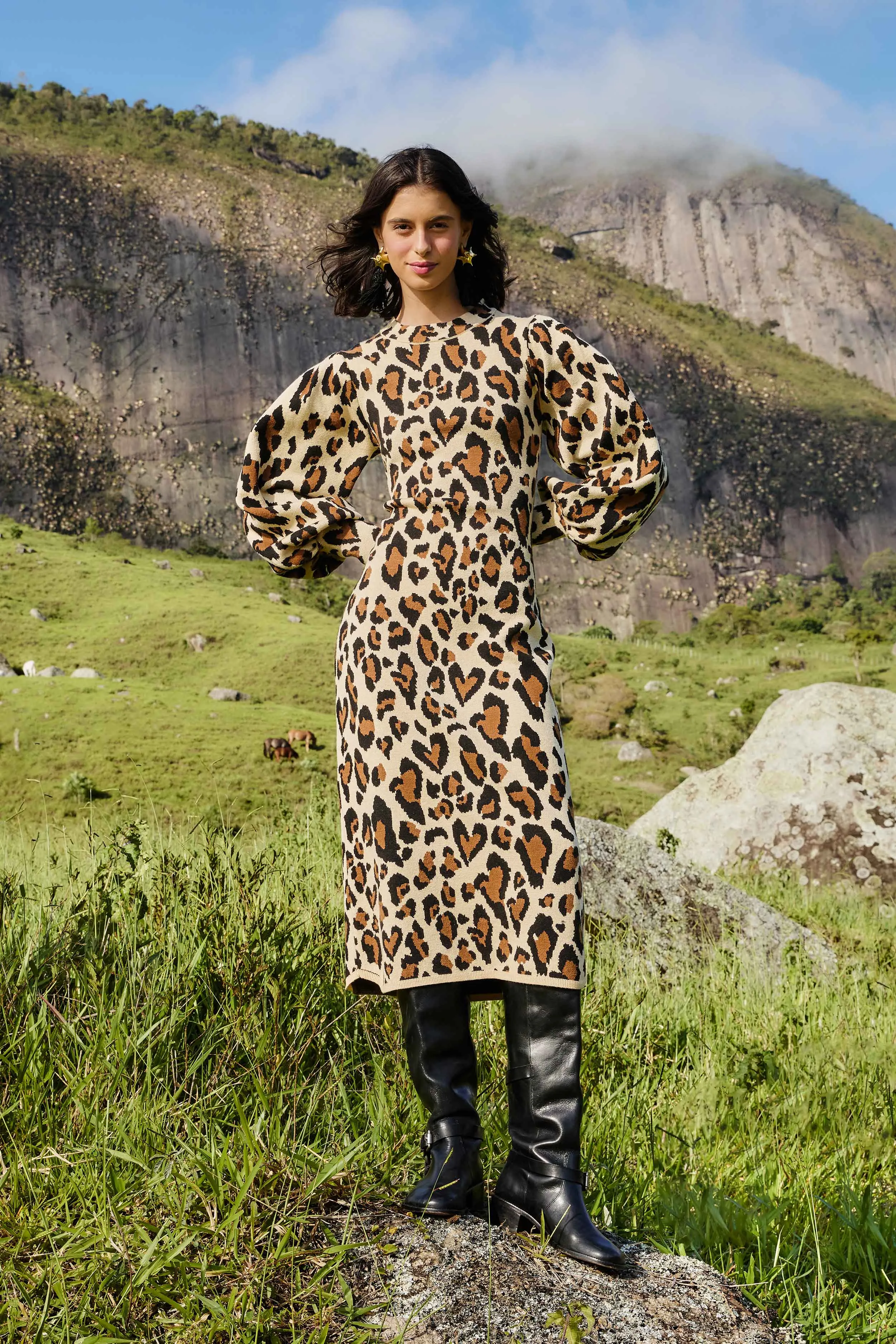 Leopard Print Knit Midi Dress Sophisticated Fit Comfy Elegance