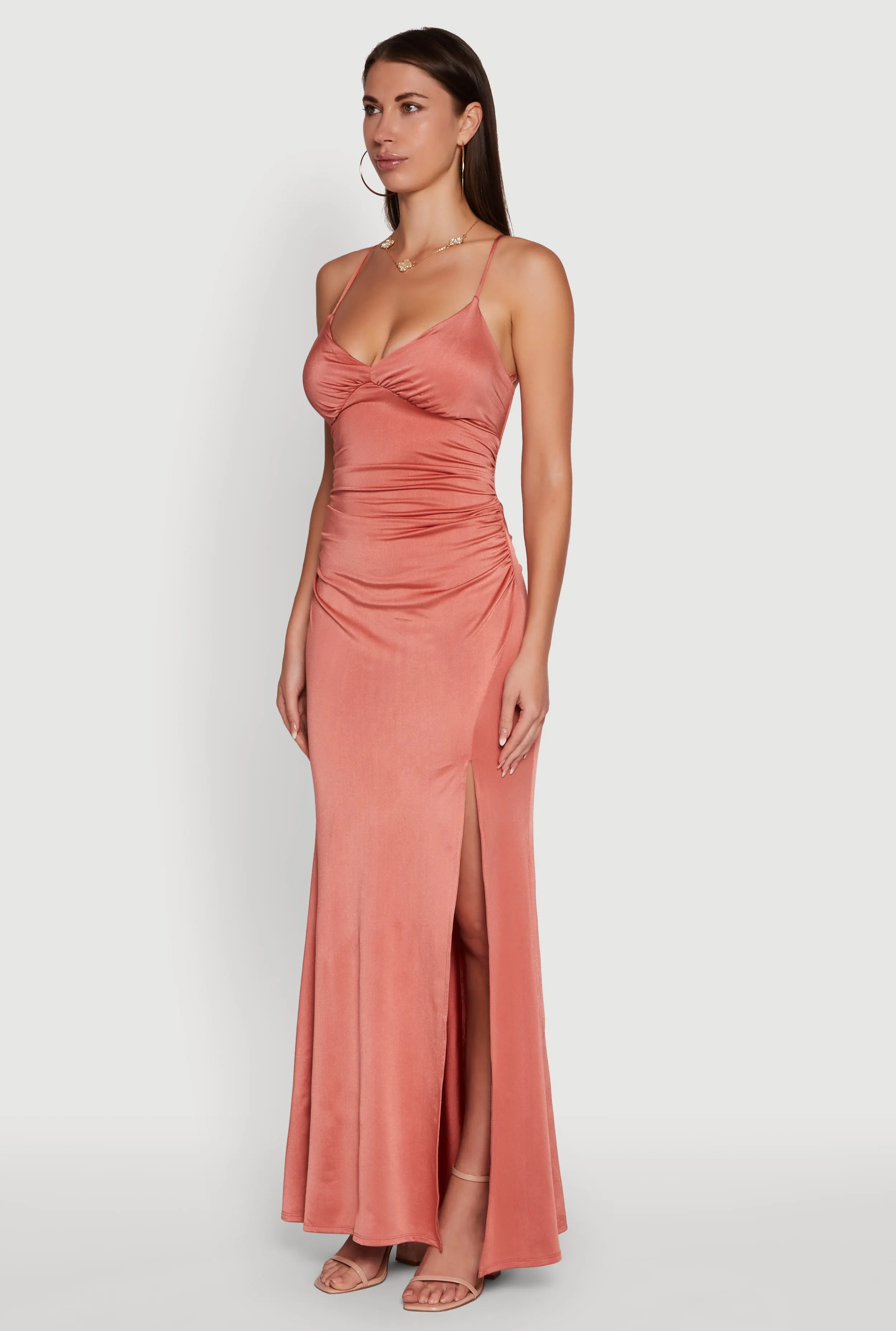 Haute Monde Side Slit Lace Up Back Maxi Dress Glass Glow Romantic evening dress