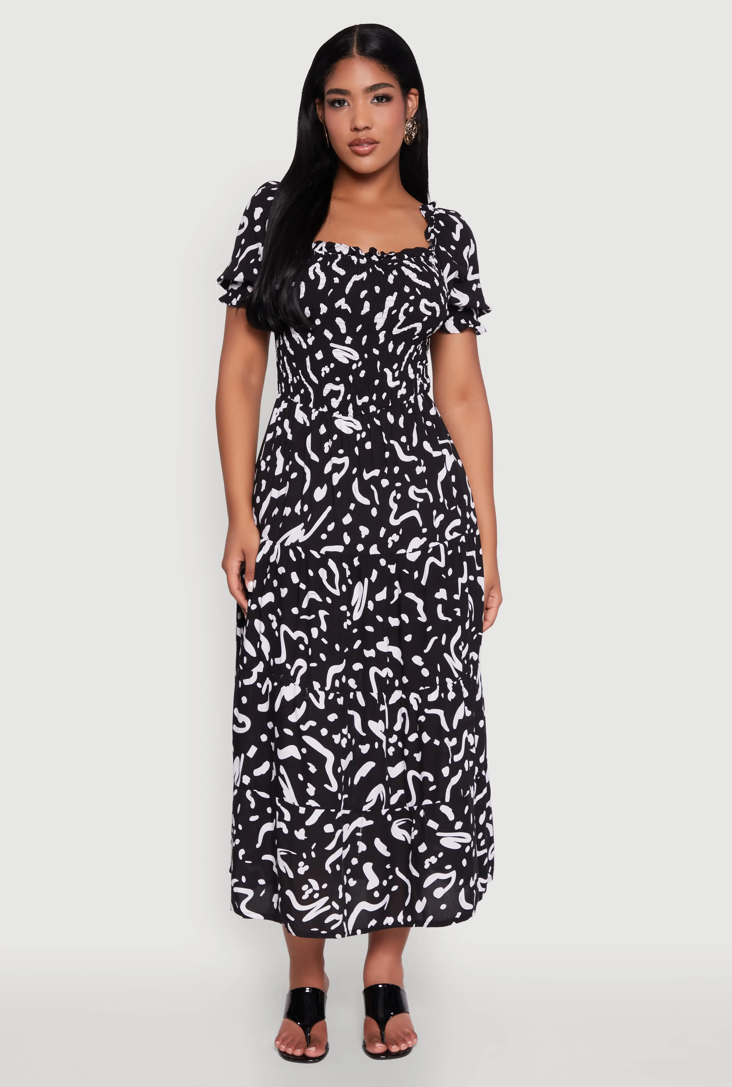 Patterned Smocked Maxi Peasant Dress Galaxy View The simple yet chic design of this maxi dress ensures it can be dressed up or down