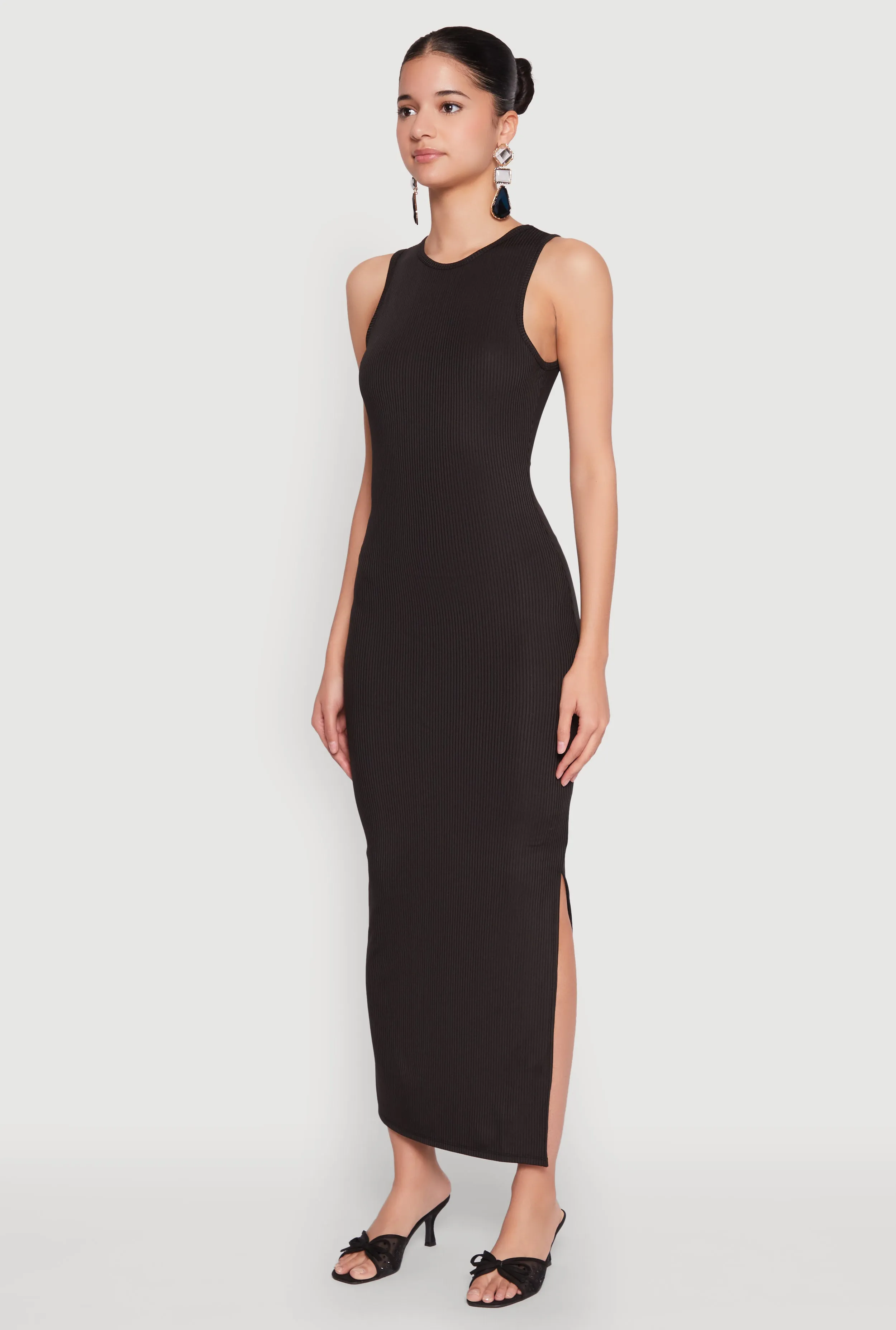 Crew Neck Rib Knit Side Slit Maxi Dress Tropical Path Cross Stitch
