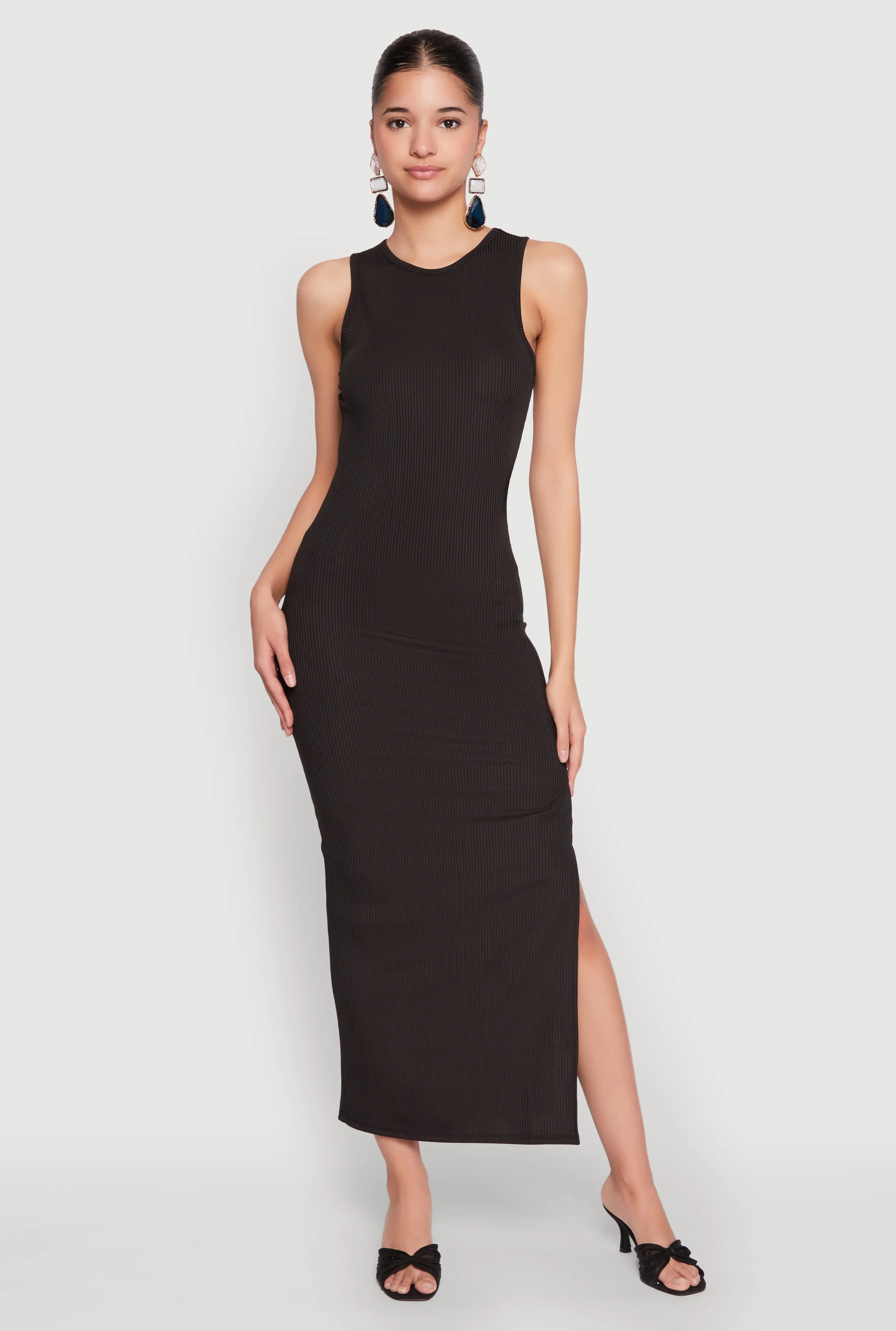 Event Perfect Crew Neck Rib Knit Side Slit Maxi Dress