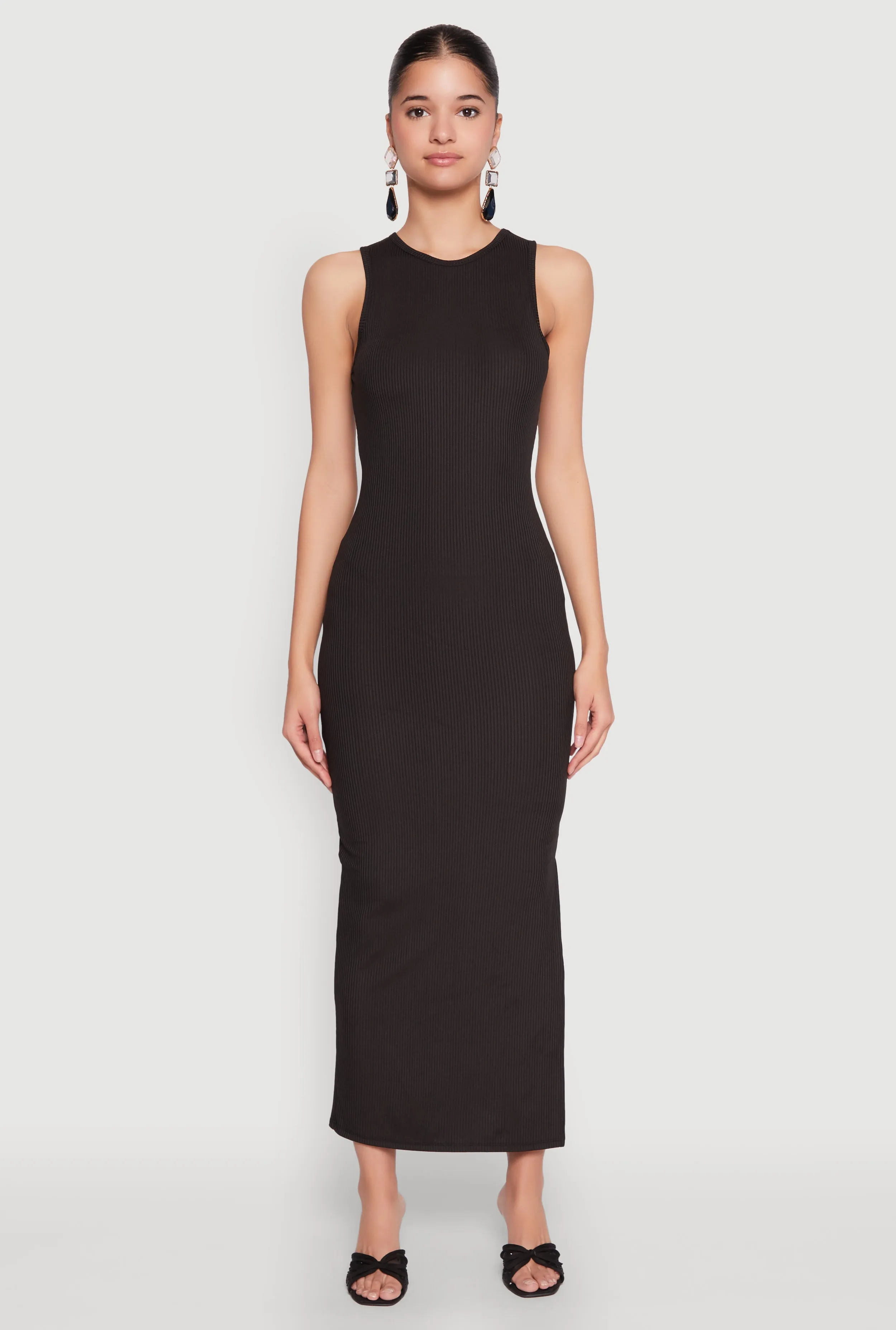 Crew Neck Rib Knit Side Slit Maxi Dress Iron Glow