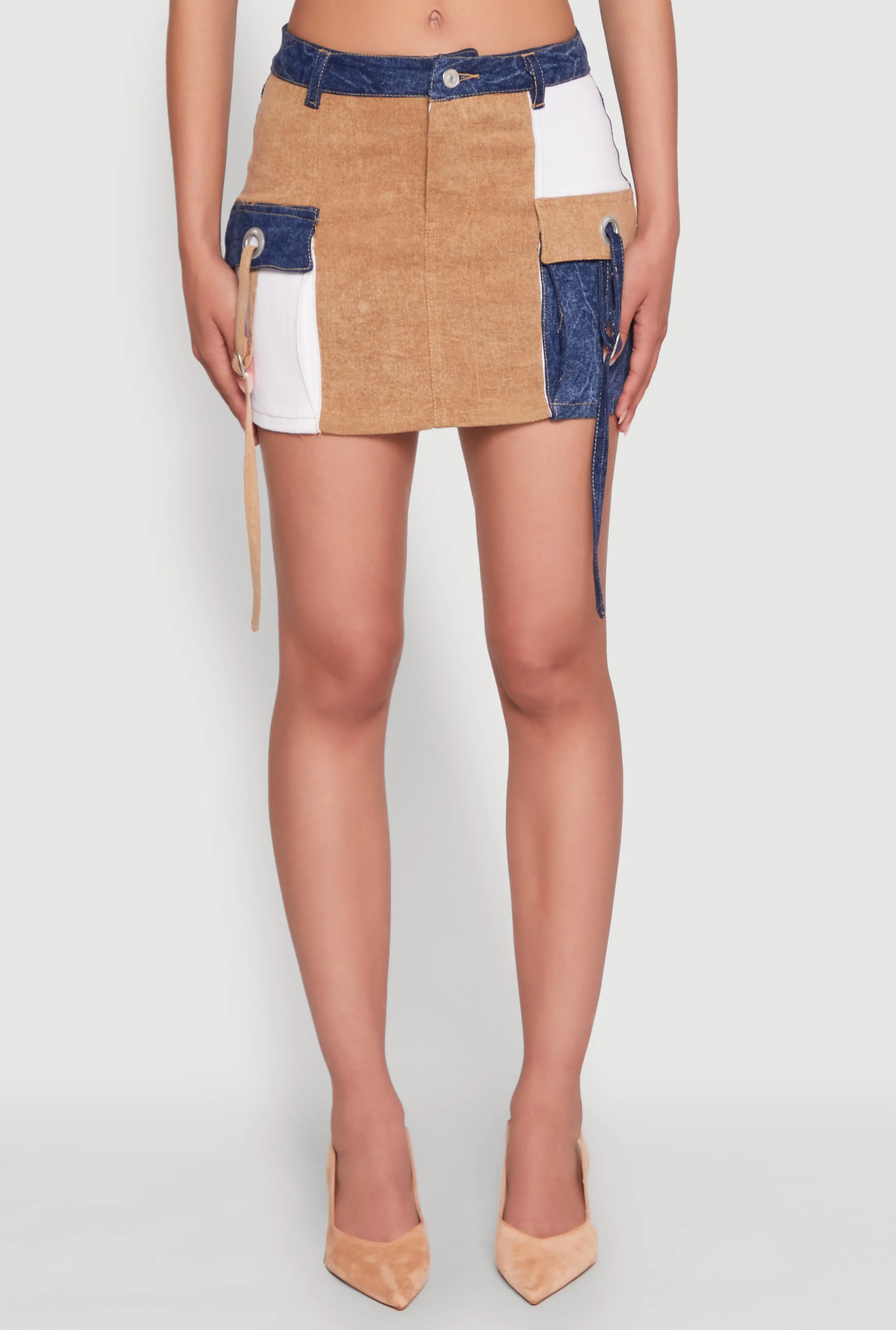 Color Blocked Denim Cargo Skirt Ombre effect Outfit Display