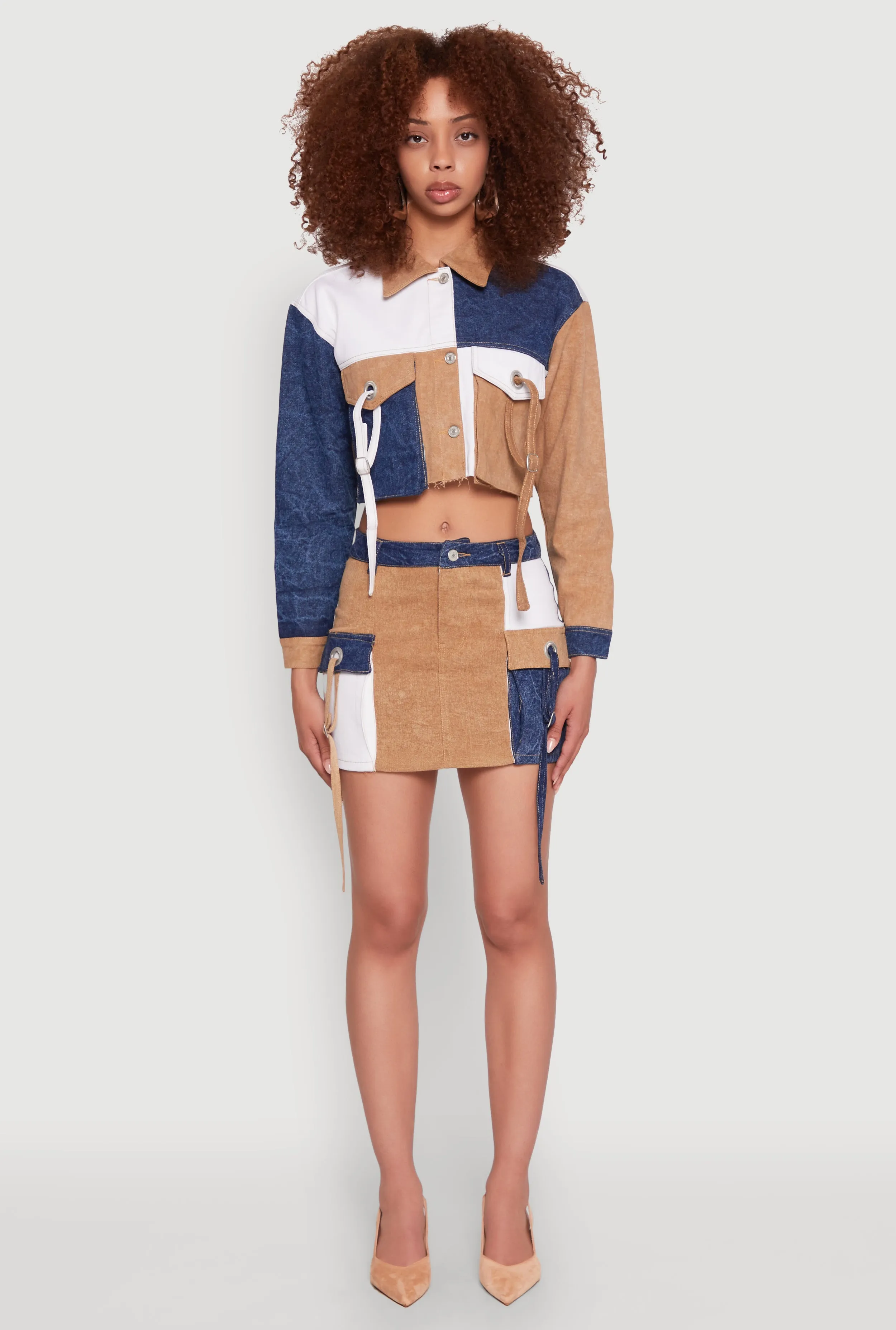 Color Blocked Denim Cargo Skirt Twist Front Design Midi length