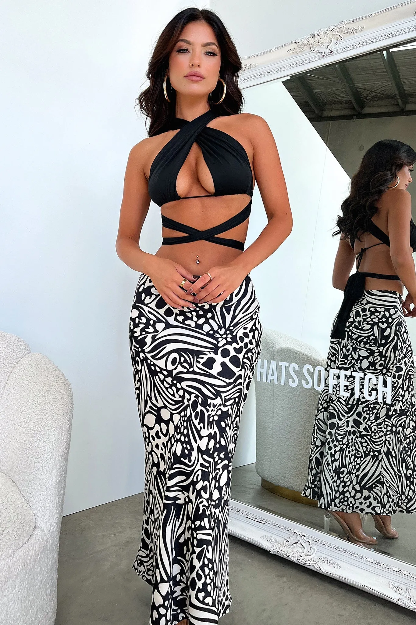 Santorini Maxi Skirt - Black / White Print Artisanal Craft Abstract Motif