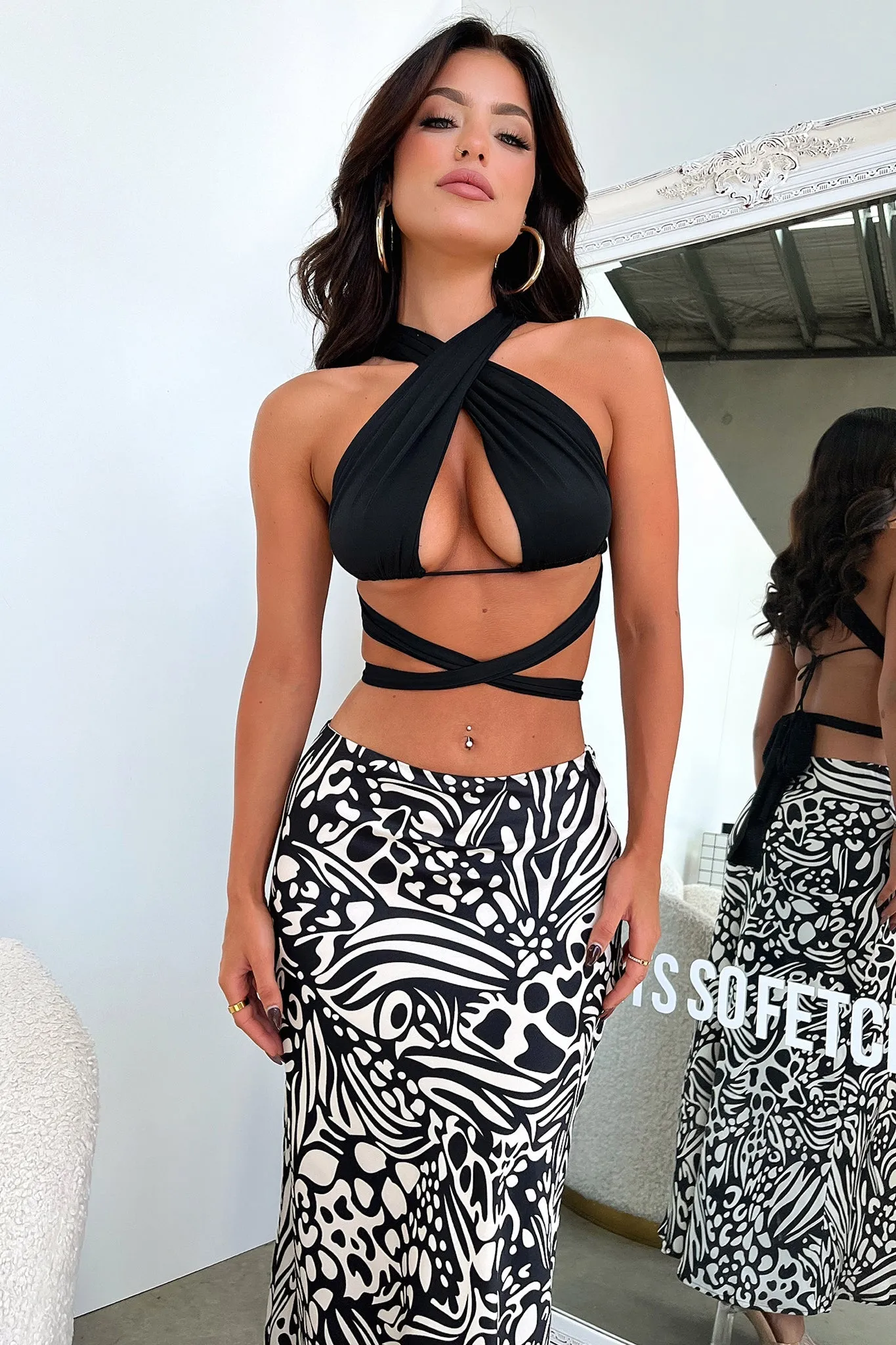 Santorini Maxi Skirt - Black / White Print Warm Insulation