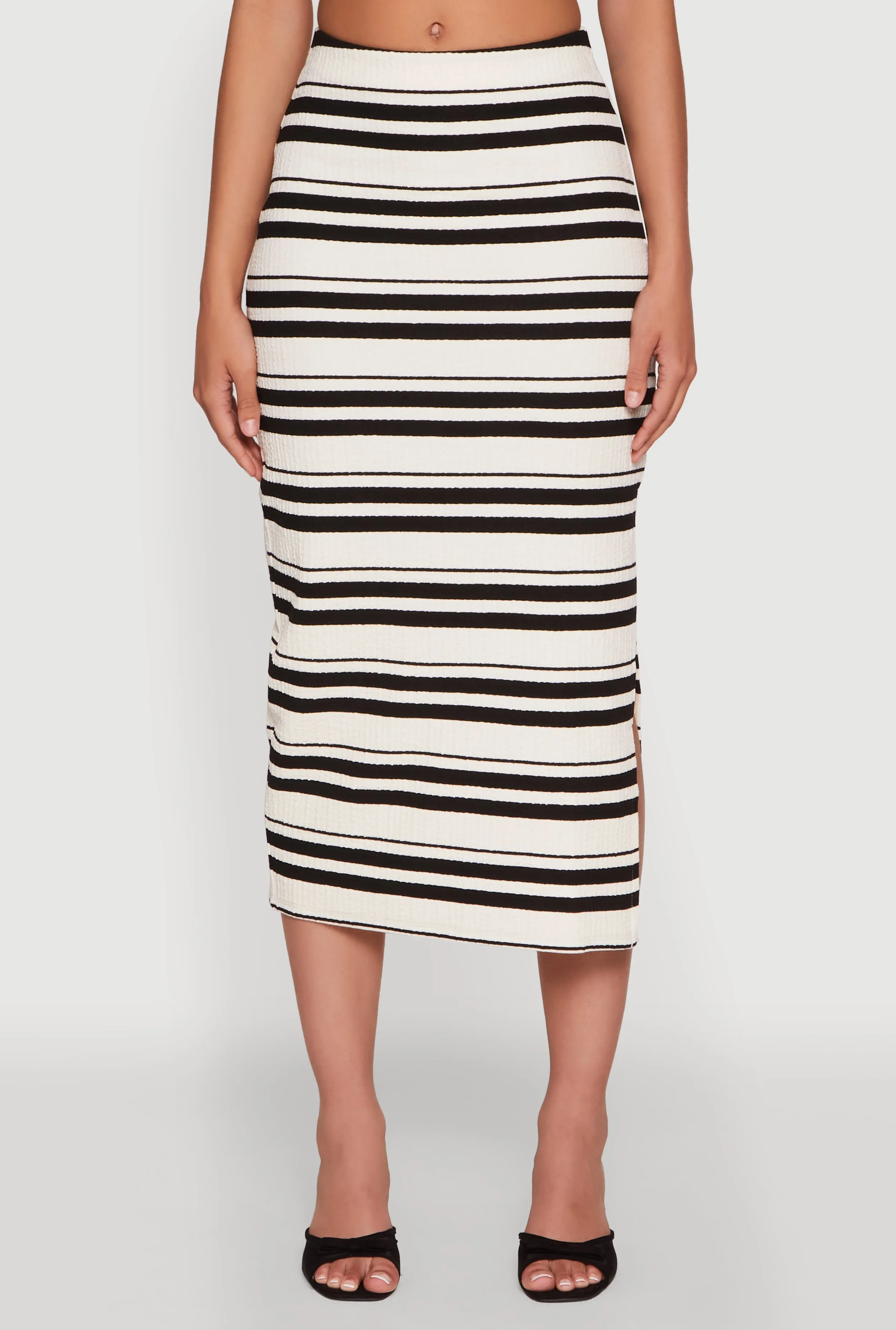 Subtle Details Striped Side Slit Midi Skirt