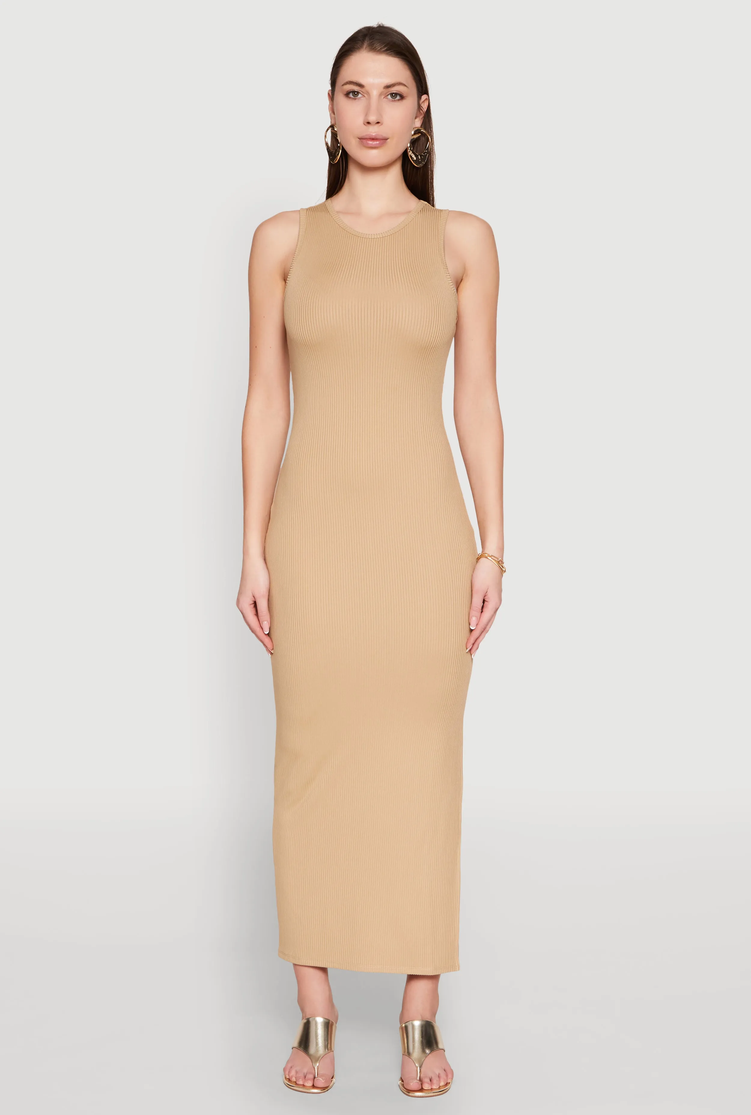 Night Breeze Mesh Glow Crew Neck Rib Knit Side Slit Maxi Dress