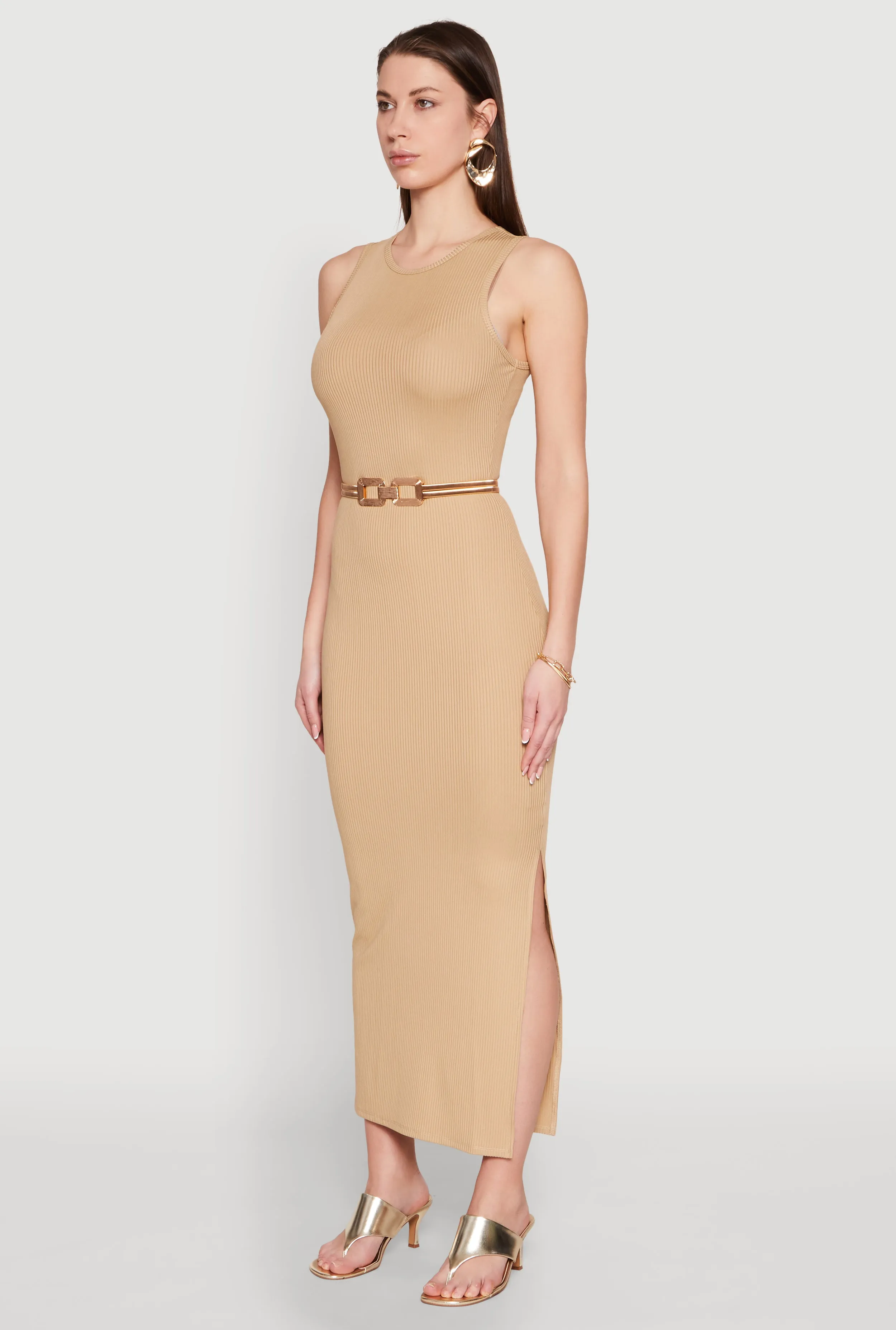 Fashionable day-to-night gown Crew Neck Rib Knit Side Slit Maxi Dress