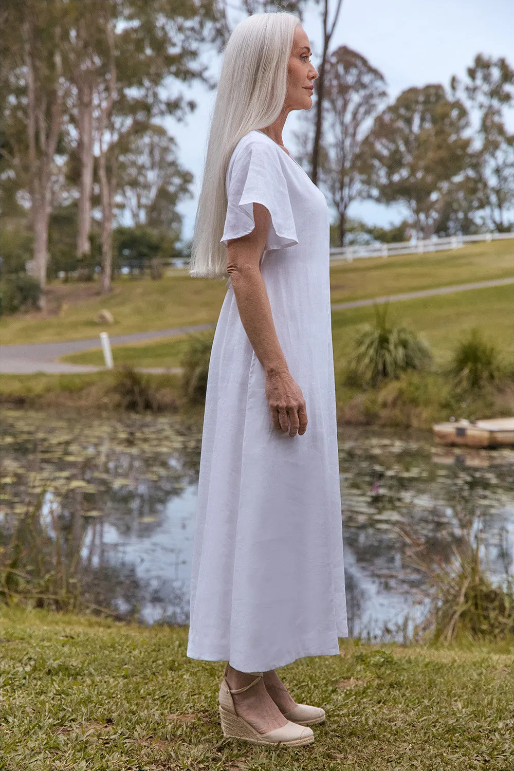 Silver Glow Tatum Linen Flutter Sleeve Dress in White