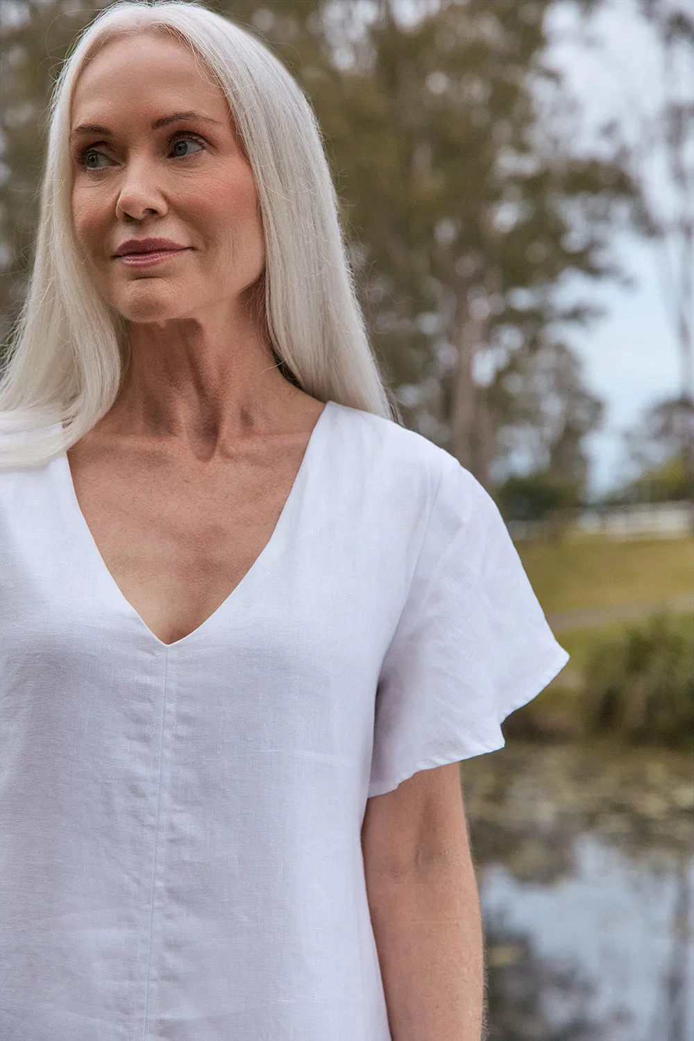 Flare Bottom Heroine Mood Tatum Linen Flutter Sleeve Dress in White