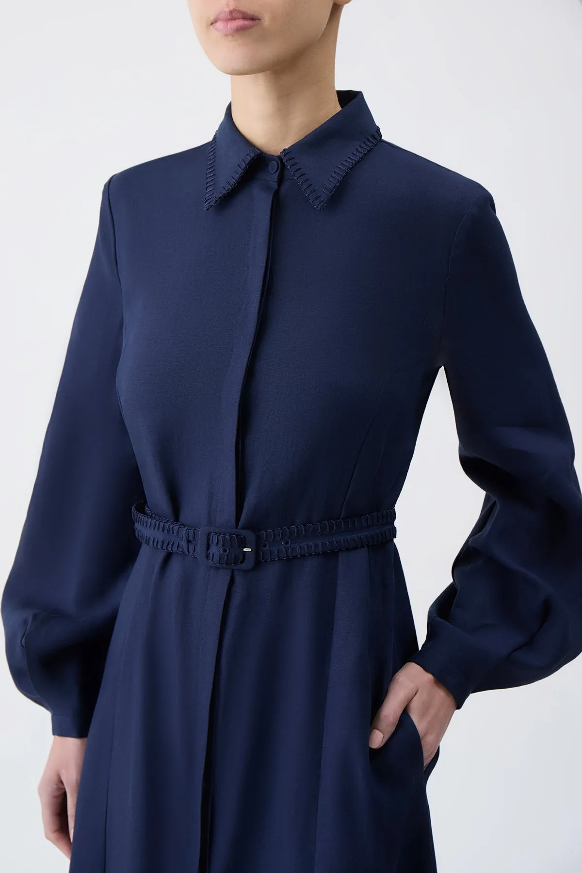 Breathable Lining GentleWaistband Breton Maxi Shirtdress with Slip in Navy Aloe Linen