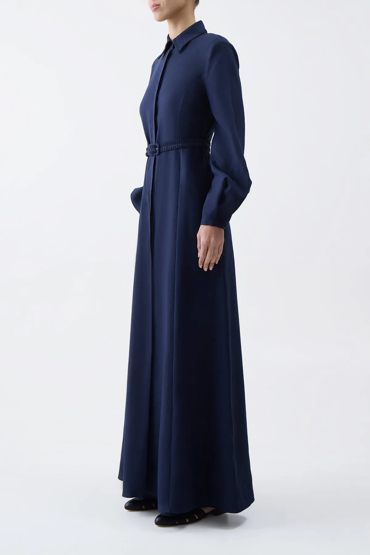 Carnival Look China Cool Breton Maxi Shirtdress with Slip in Navy Aloe Linen