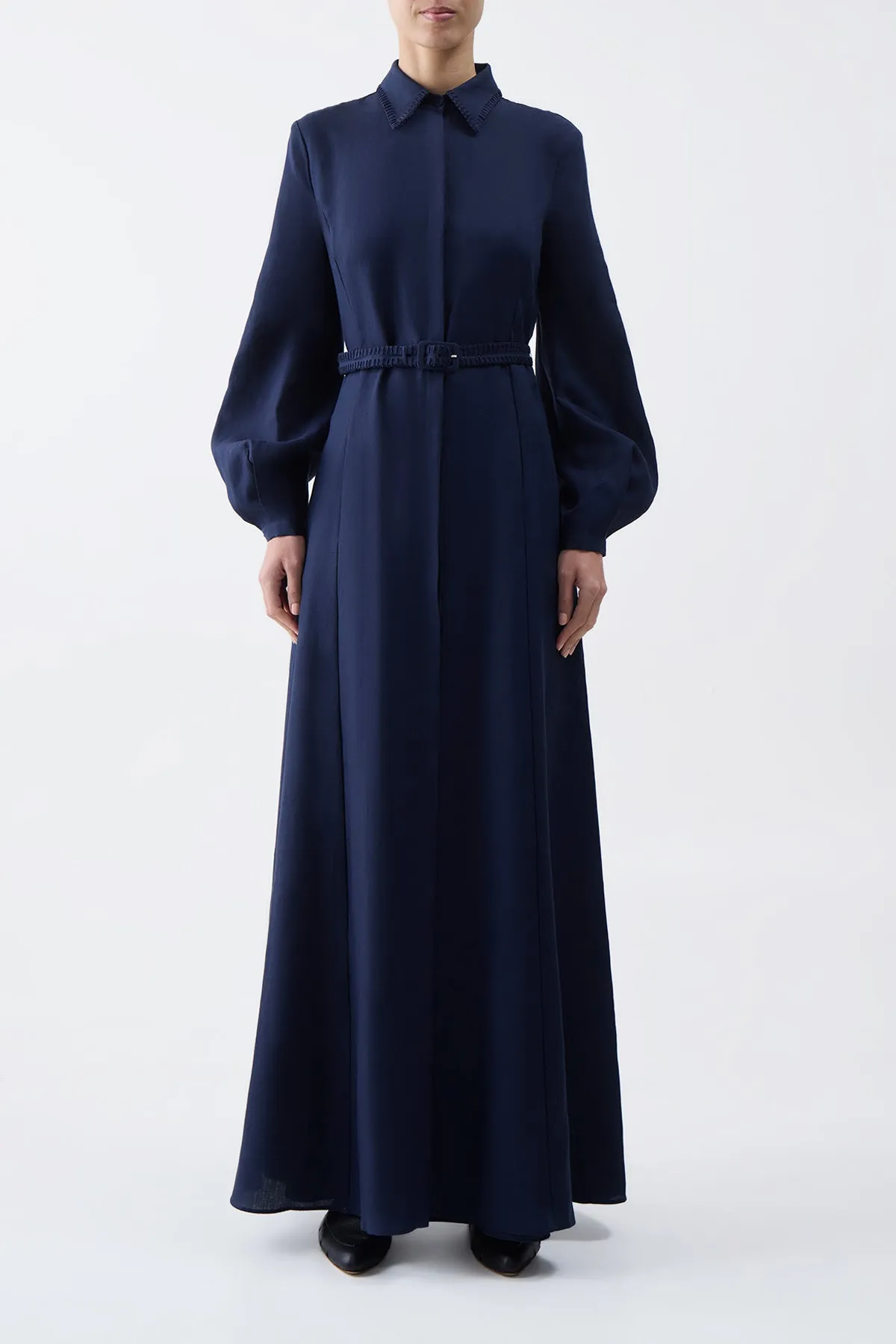 Breton Maxi Shirtdress with Slip in Navy Aloe Linen FadeResistantColors Breathable Lining