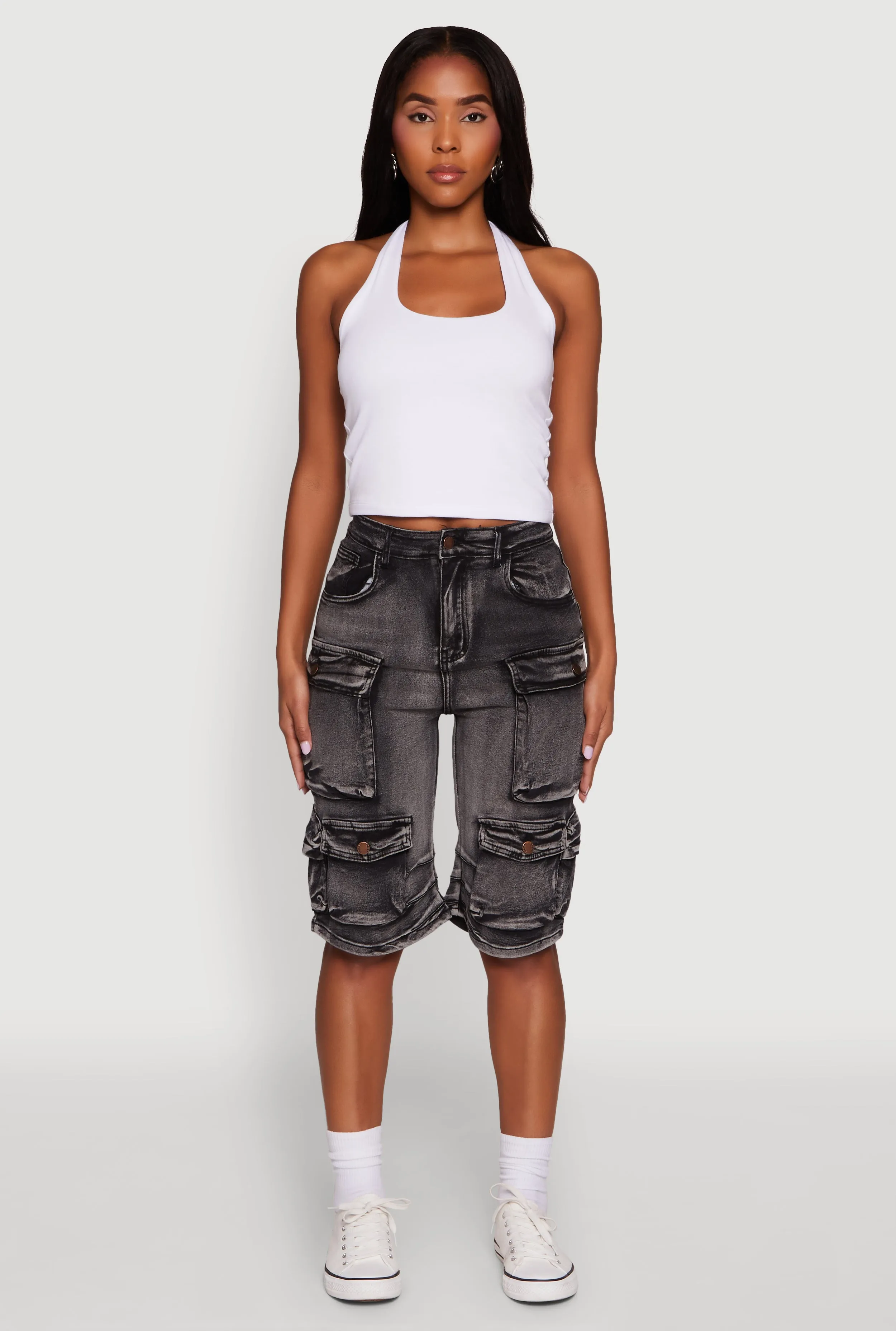 Warm Layers Daisy High Waisted Acid Wash Denim Cargo Shorts