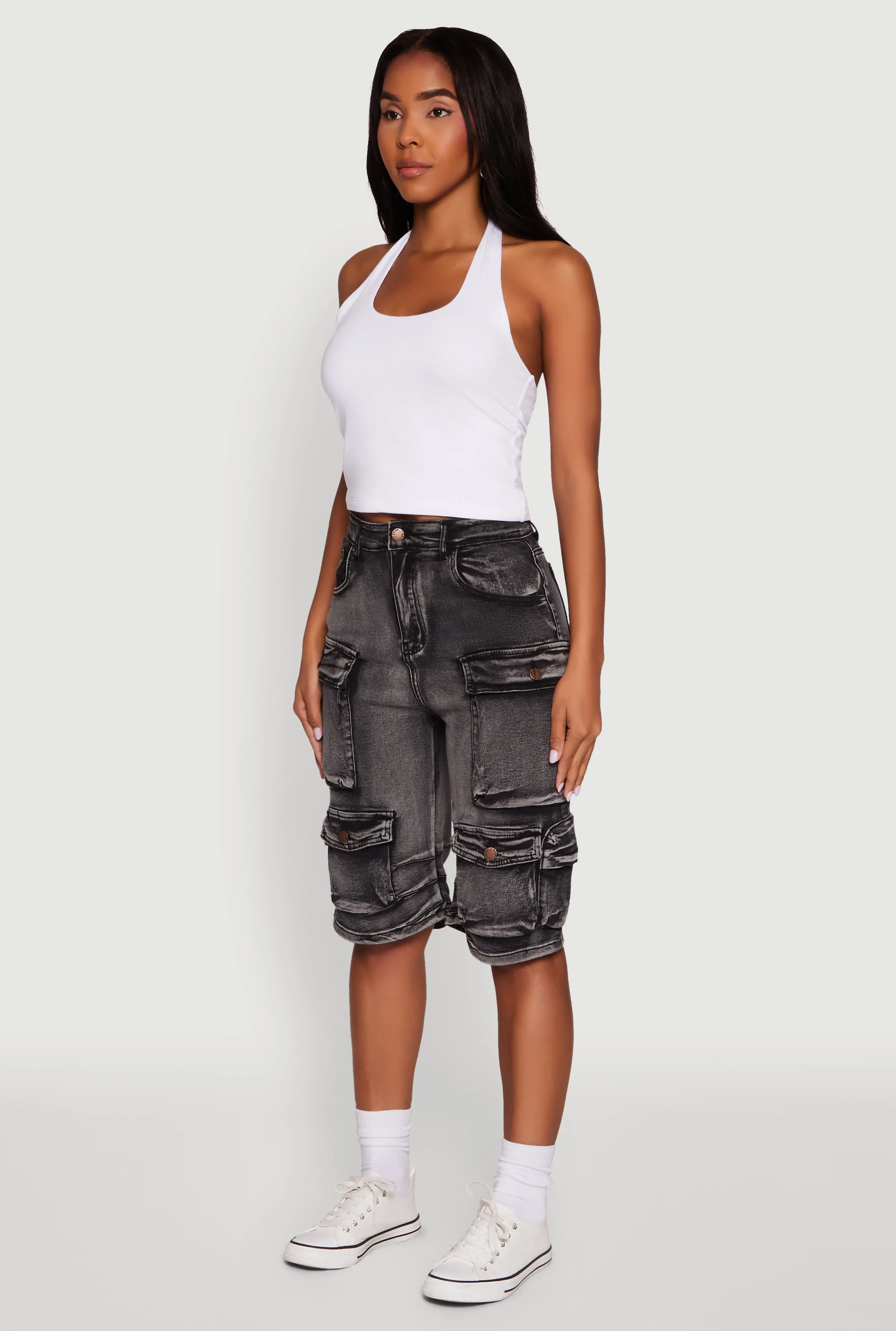 Daisy High Waisted Acid Wash Denim Cargo Shorts Abrasion Proof Fabric Stain Repellent Treatment