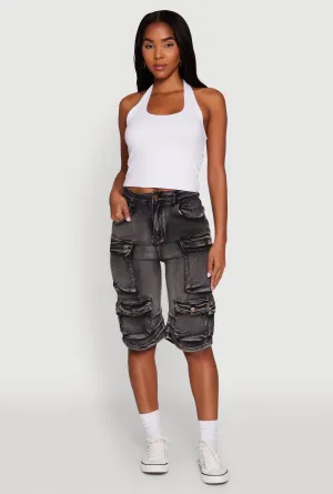 Tapered leg Daisy High Waisted Acid Wash Denim Cargo Shorts