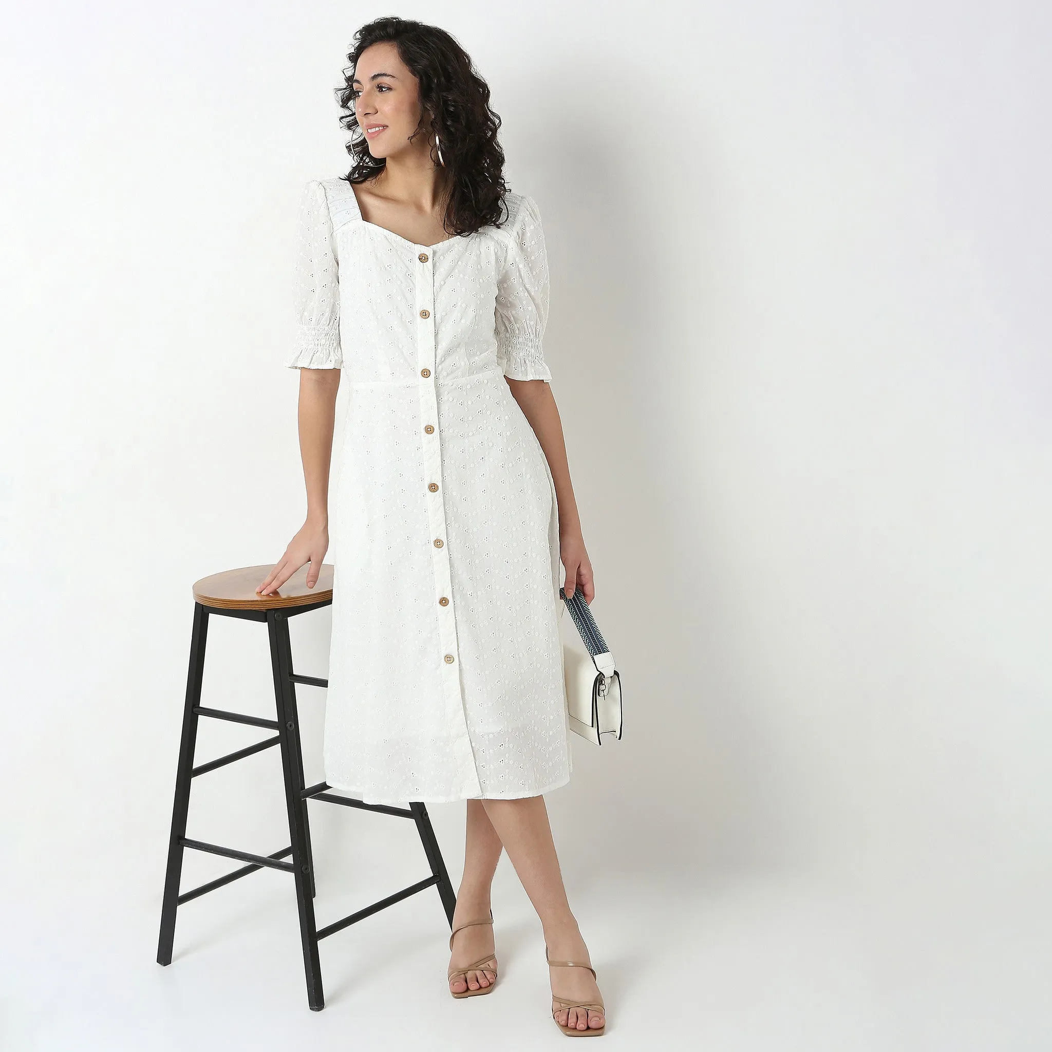 Cotton Schiffi Dress Natural Fiber Blend