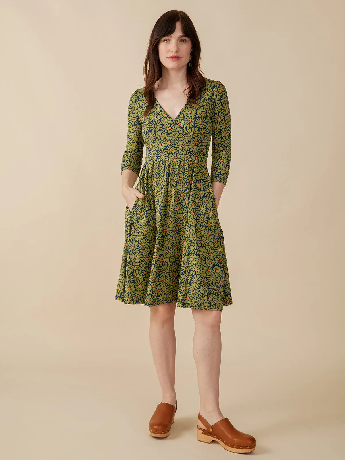 Bride Side Creative Glow Callie 3/4 Sleeve Wrap Dress - Olive Floral