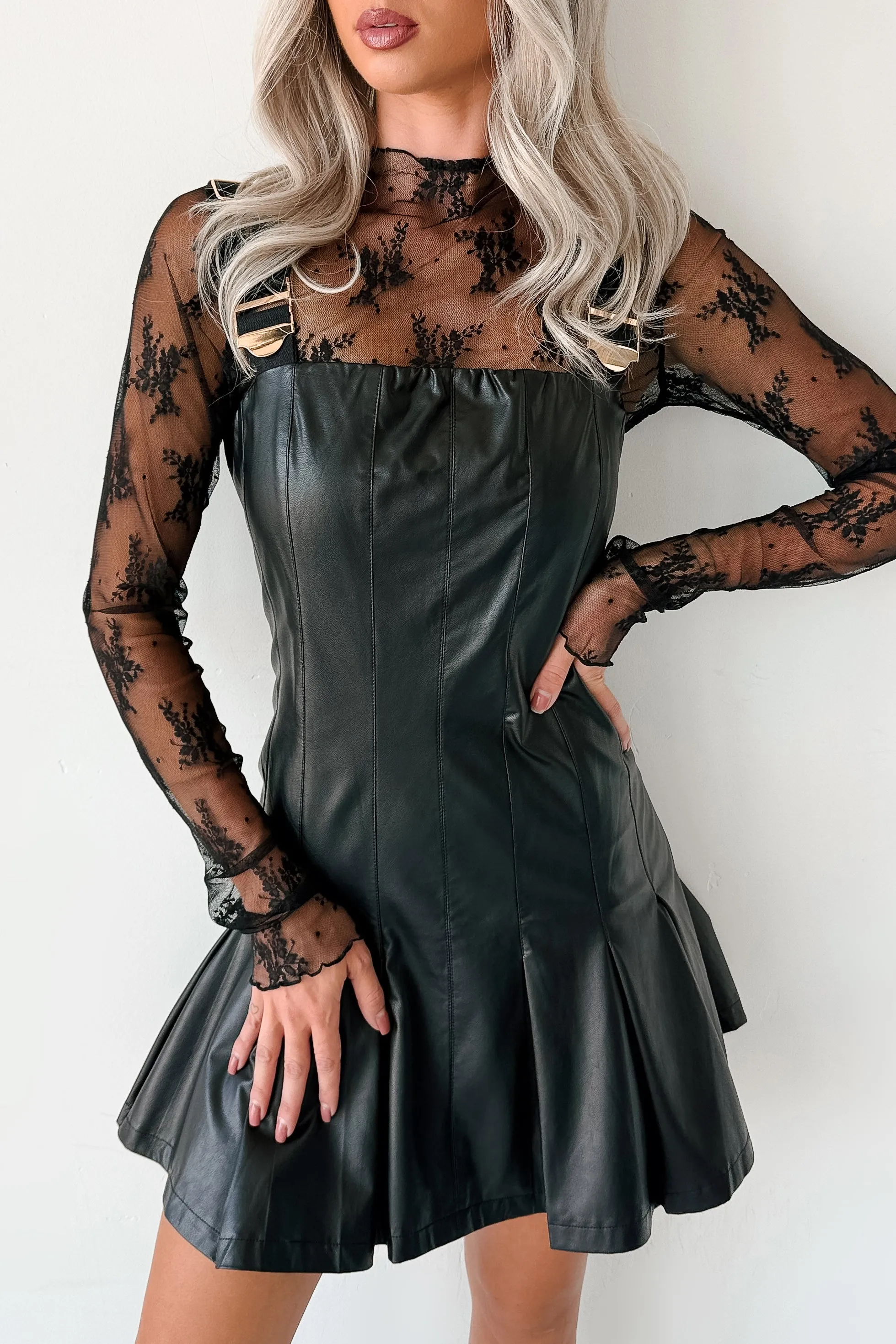 Charming Design Trend Pop One Of None Pleated Faux Leather Dress (Black)